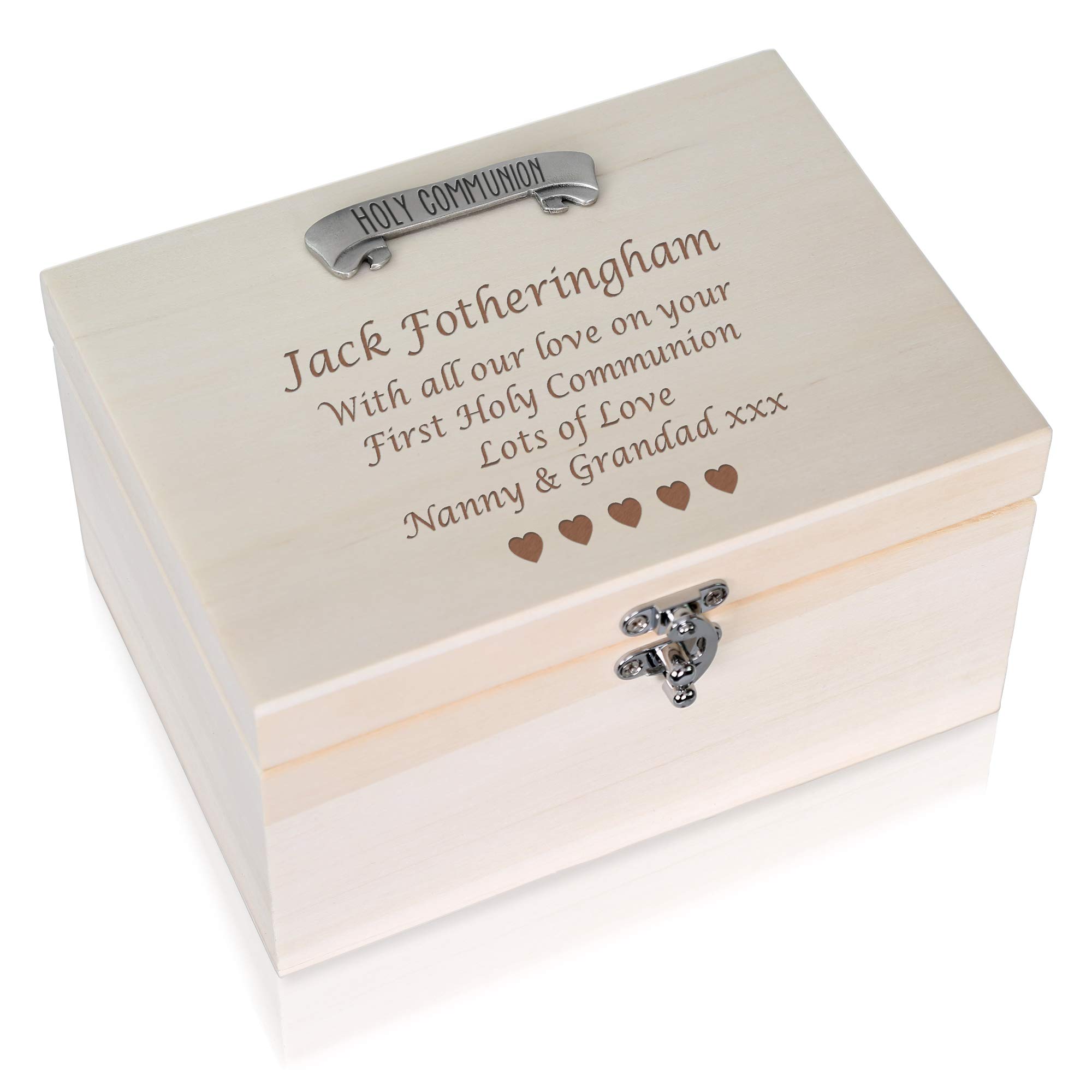 De Walden Boy's First Holy Communion Personalised Pine Keepsake Memory Box Gift with Pewter 1st Holy Communion Banner Feature For a Boy