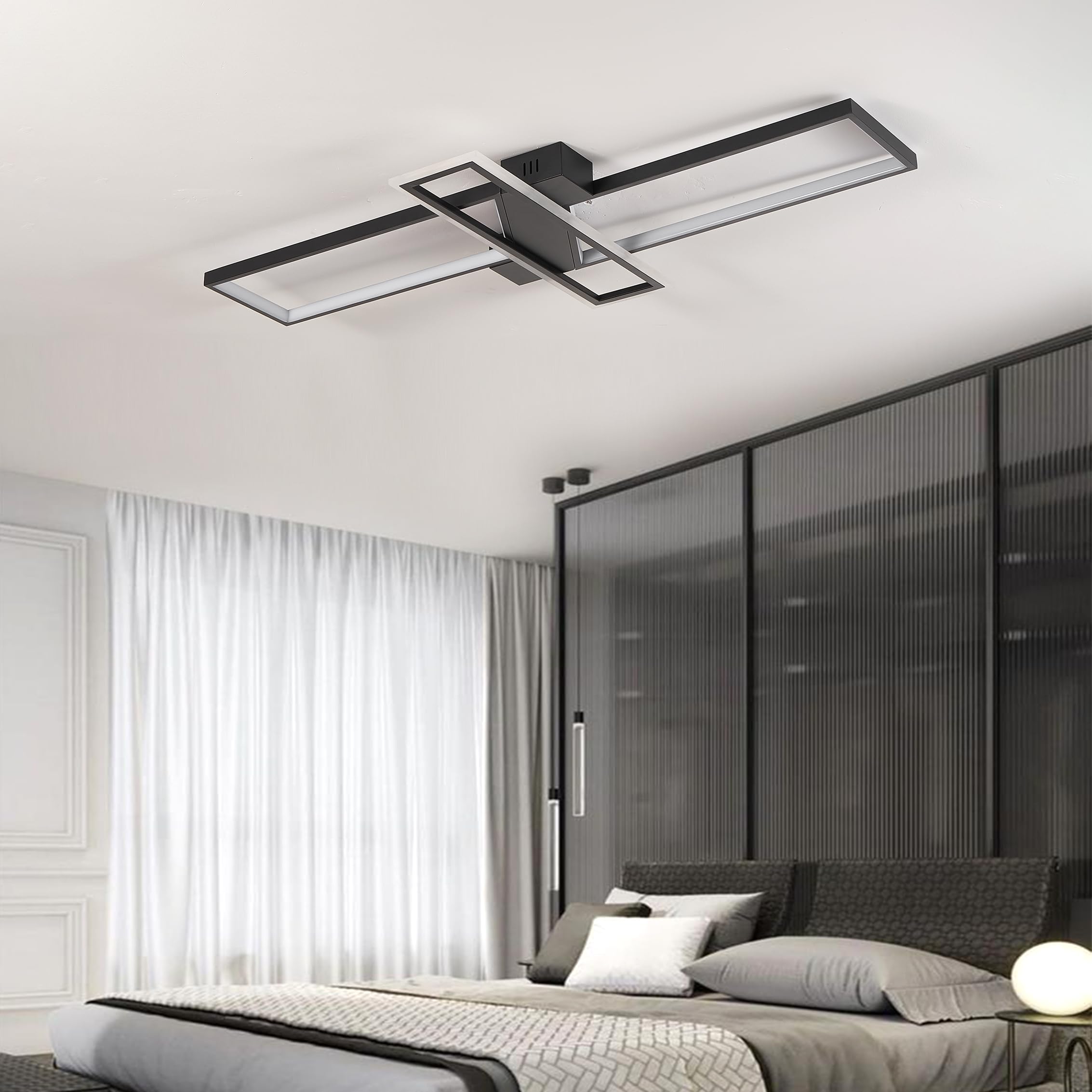 Narwhal Lampadario Led soffitto Moderno, Dimmerabile Plafoniera con Telecomando/APP, Timing e Funzione di Memoria, Plafoniere per Soggiorno,Camera da letto, Ufficio (Nero, 80cm)