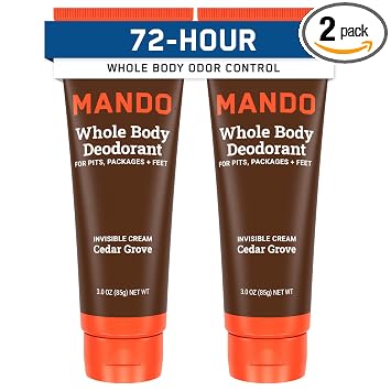 Mando Whole Body Deodorant For Men - Cream - 3 oz Tube, 2 pk - Cedar Grove | 72 Hour Odor Control Invisible Cream Whole Body Mandelic Acid Aluminum Free Baking Soda Skin Safe Feet Chest