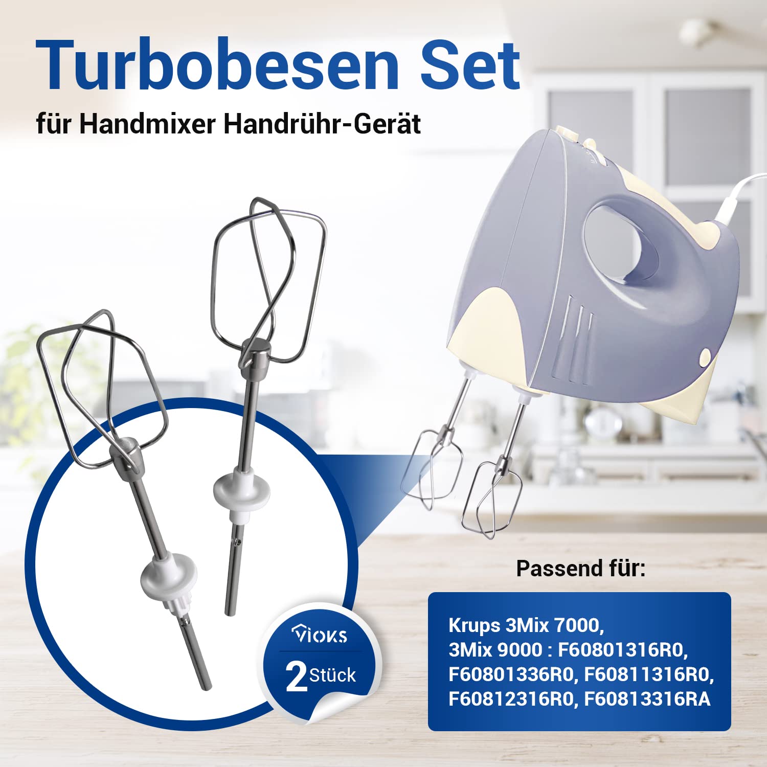 VIOKS Handmixer Rührbesen Ersatz für Krups SS-192926 Set 2x Ersatz Rührstäbe für Handmixer Krups Mixer 3 Mix 7000, 3 Mix 9000, Handrührgerät