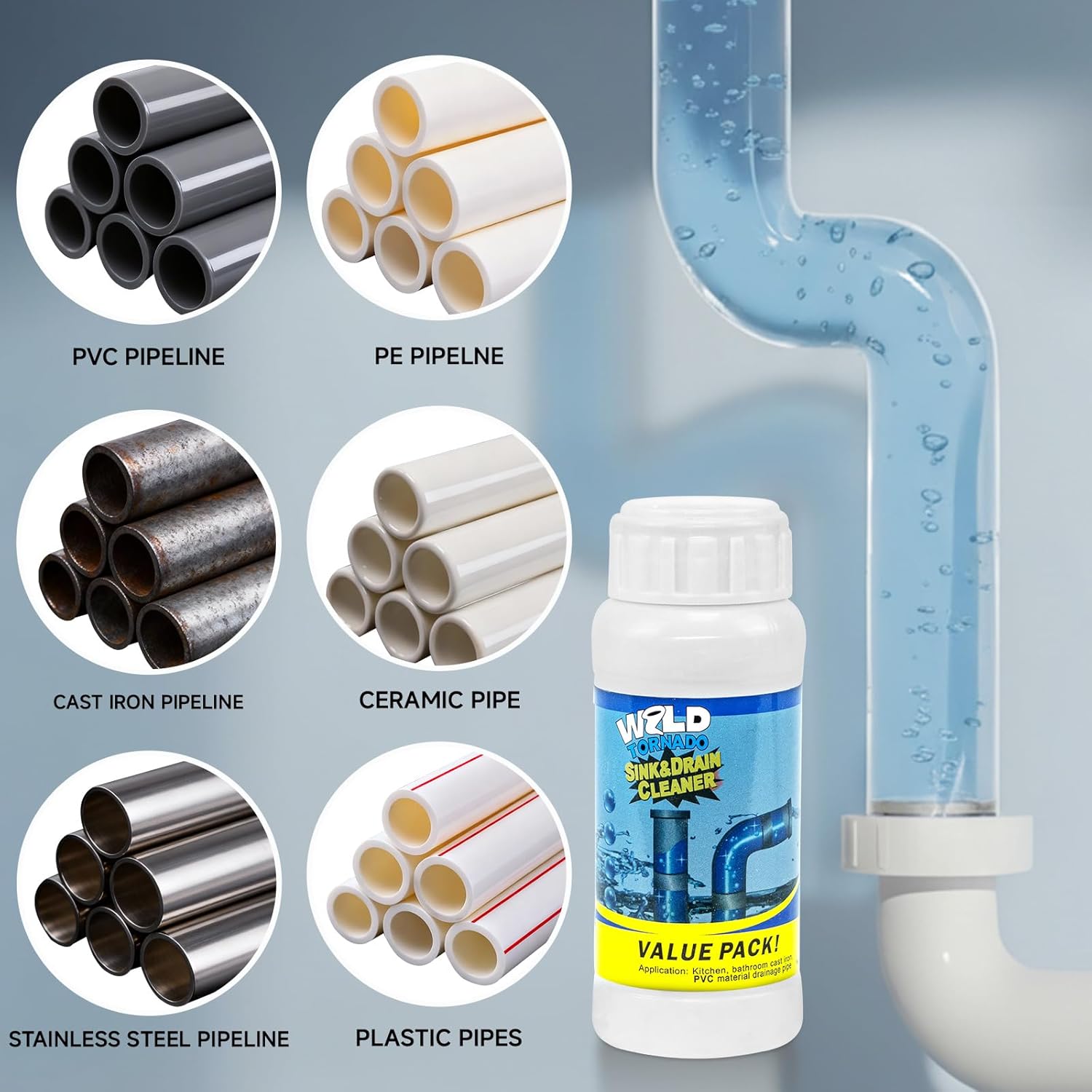 Drain Cleaner Powder, Wild Tornado Sink and Drain Cleaner, Powerful Pipeline Dredging Agent, Kitchen Unblocker, Cleaner Powder for Kitchen Toilet (6Pcs) - Image 5