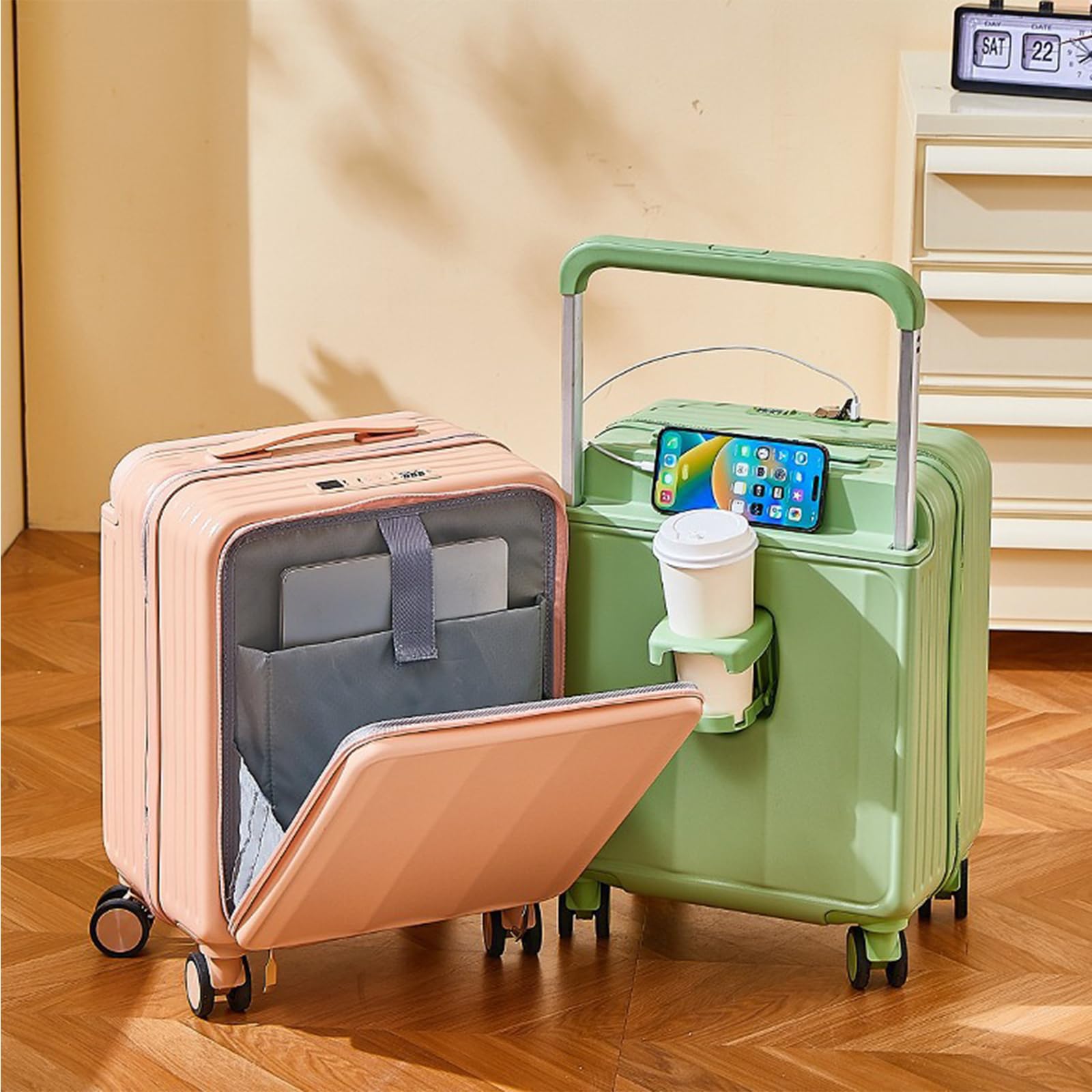 Walizka 24-calowa, twarda walizka podręczna, lekki bagaż podręczny USB, otwierana z przodu, na czas wolny, wakacje, naukę za granicą (black)