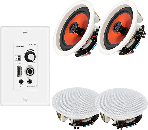 STUDIOFINIX 6.5 Inch Bluetooth Ceiling Speakers,600W 2-Way System with Wall Amplifier,for Home Theater, Living Room,Office,Kichten,Study Room,Basement,Covered Patio and Flush Mount (4 Speakers)