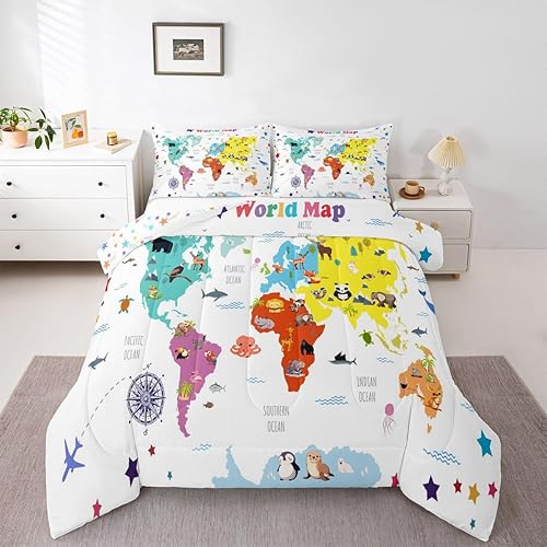 Juego de ropa de cama con mapa de la palabra jejeloiu, diseño de mapa de América para niños, niños, mapa de Europa impreso, edredón ultra suave,