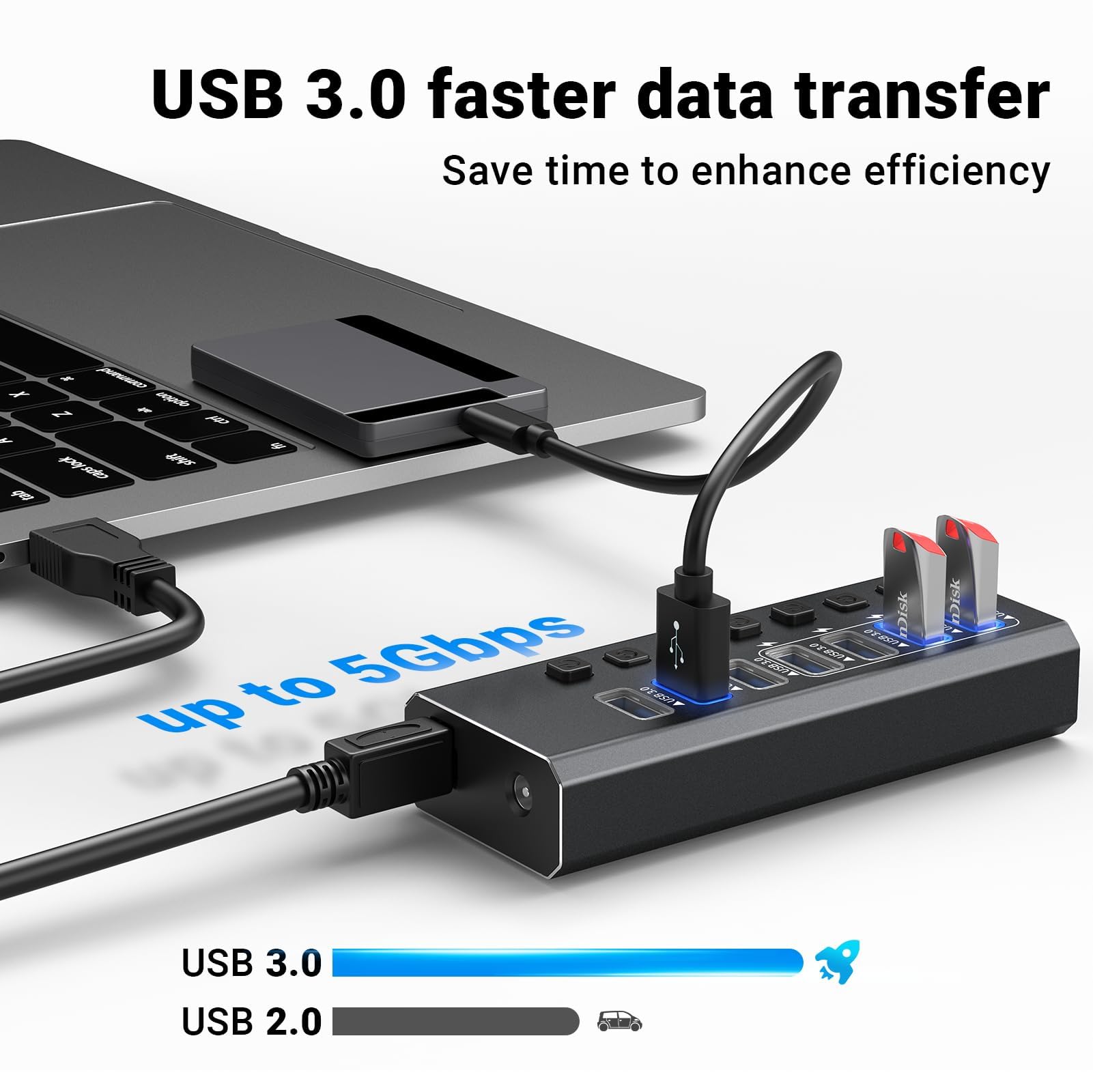 Hub USB 3.0 alimenté en aluminium, 7 ports USB SuperSpeed avec adaptateur d'alimentation 12 V/2 A et interrupteur marche/arrêt individuel pour Surface Pro, Windows, PC, ordinateur portable, ordinateur