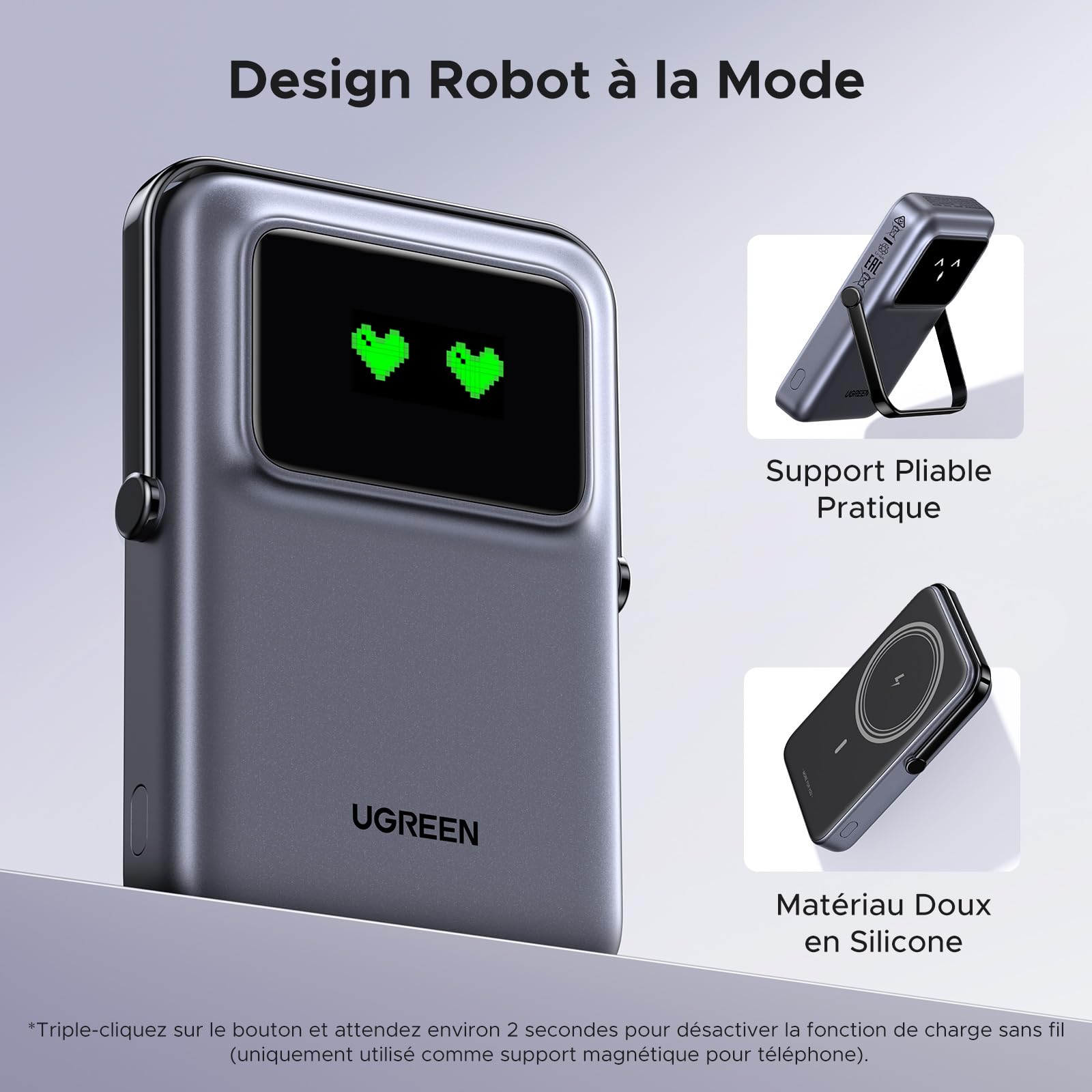 UGREEN Uno Batterie Externe 10000mAh 20W Emoji Affichage Support Pliable Compatible avec MagSafe iPhone 17 16 15 14 13 12 Air Plus Pro Max Power Bank Induction USB C Charge Rapide Magnétique