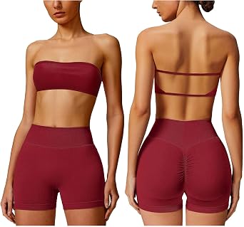 ABOCIW Workout Sets for Women Backless Bandeau Sports Bra Seamless Scunch Butt Lifting High Waist Biker Shorts Gym Set