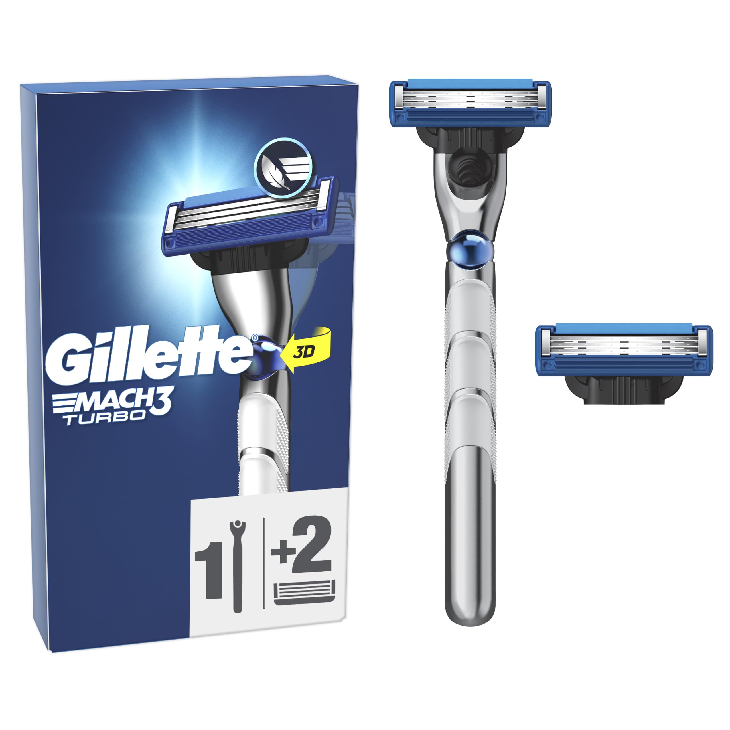 Gillette Maszynka do golenia Mach3 Turbo, 1 uchwyt, 2 wkłady ostrza, z paskiem smarującym do płynnego ślizgania i nową powłoką ostrza zaprojektowaną w celu zmniejszenia nacisku na skórę