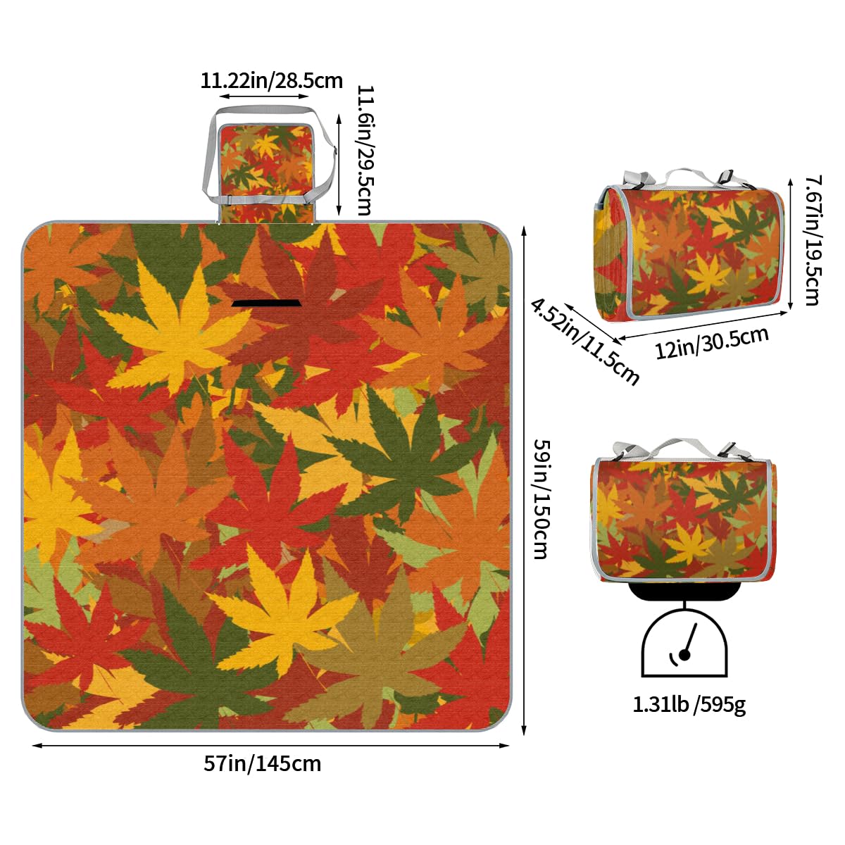 Shimoshe Picnic Blankets 57”x 59”, Colorful Maple Leaves Waterproof Sandproof Picnic Mat Lightweight Foldable Beach Blanket for Camping Park Grass Beach Outdoor Blanket