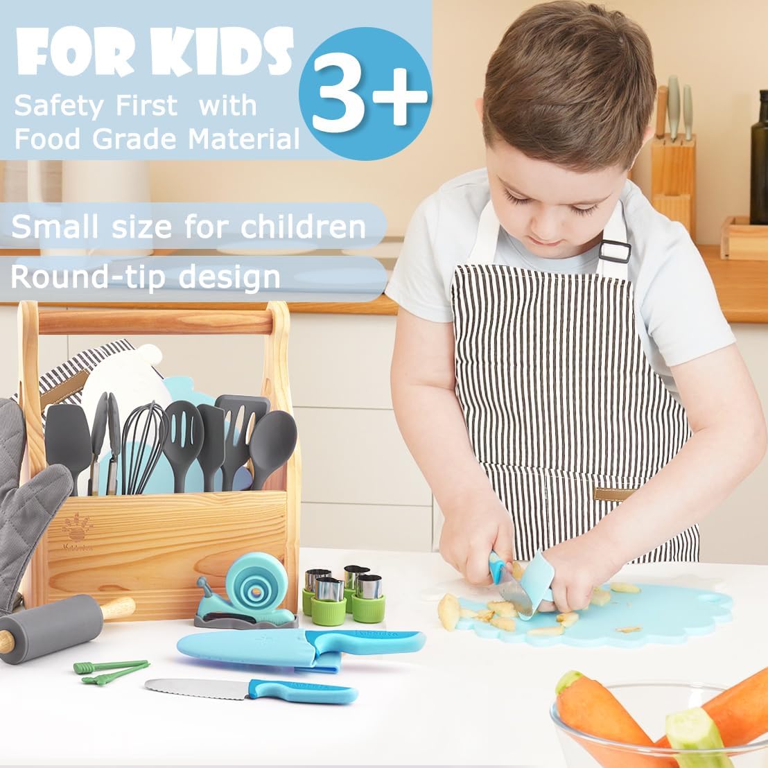 Kids Real Cooking and Baking Gift Set - Complete Cooking Supplies for Junior Chef with Real Utensils, Case, Safe Kids Knives & Cutting Board for Boys & Girls - Kitchen Fun for Kids Ages 3+