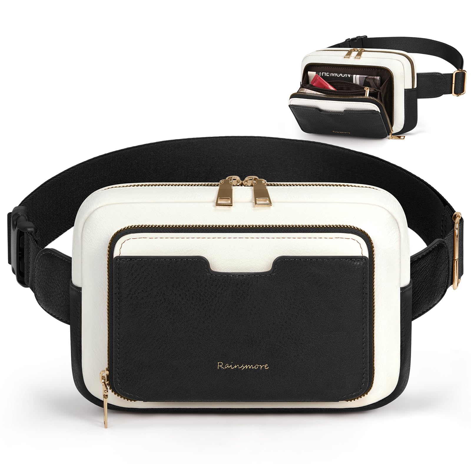RAINSMORE Marsupio da donna, borsa da cintura vintage in pelle, Nero con bianco., Medium