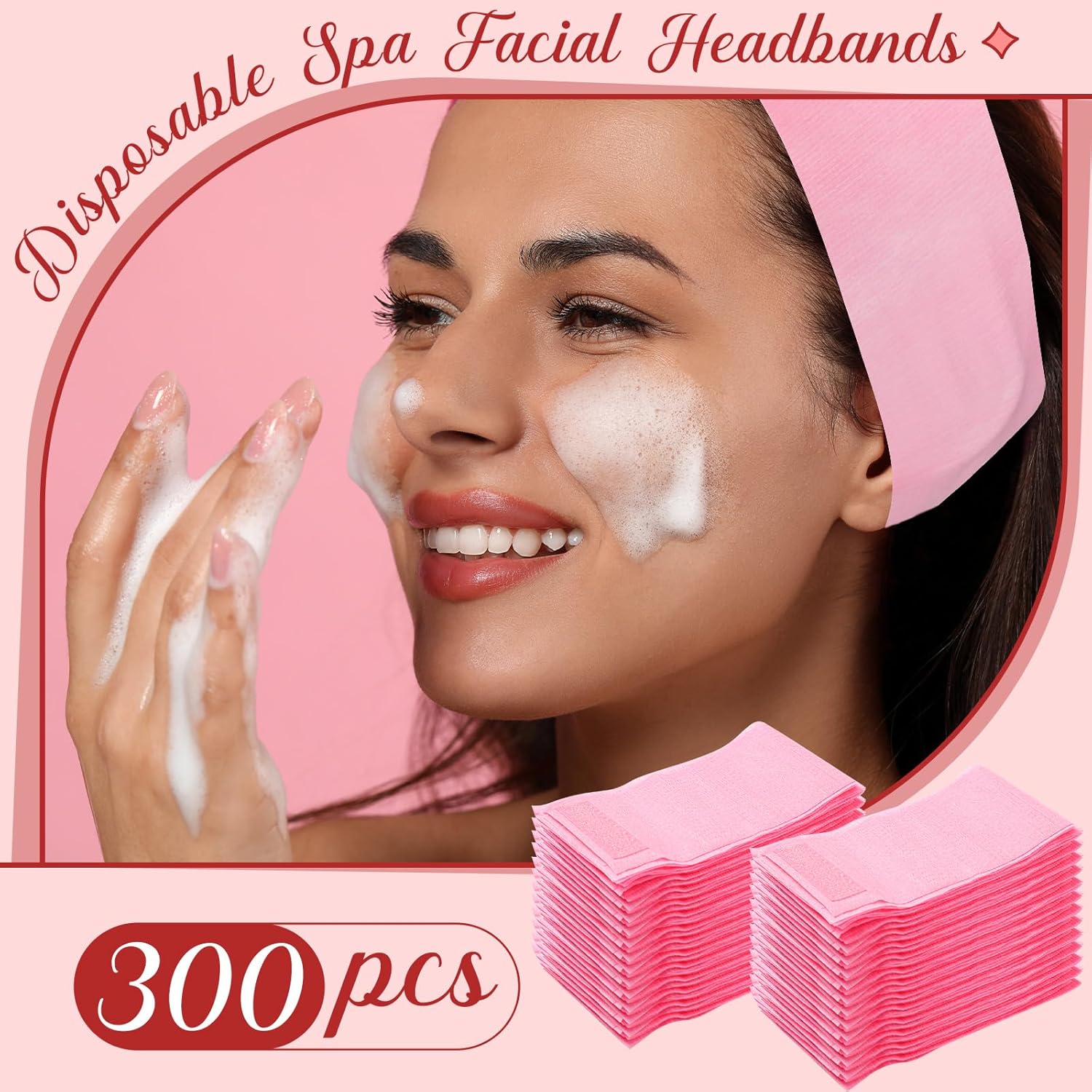 300 Pieces Disposable Spa Facial Headbands Bulk Pink Stretch Non-woven Headband Soft Skin Care Hairband with Convenient Closure for Women Salons Esthetician Yoga Sport Supplies - Image 4