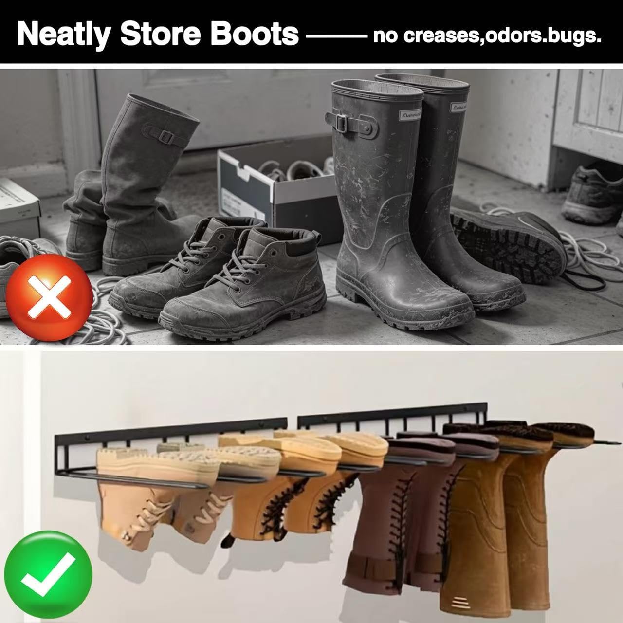 DZS Boot Rack Wall Mounted Wader Hanger, Boot Organizer for Garage Entryway Mudroom, Space Saving Storage for Tall Rain Work Boots Waders (2 Pack)