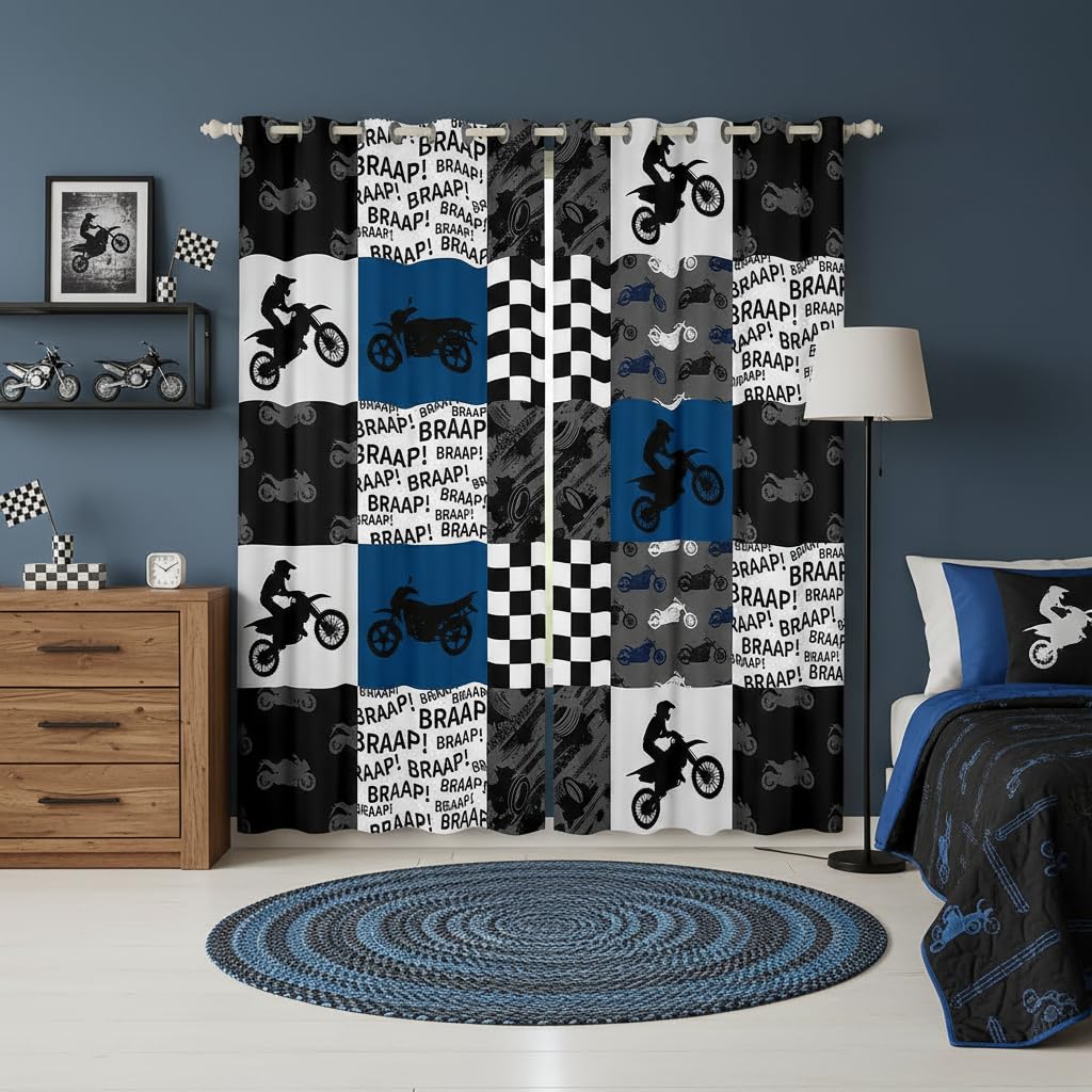 Dirt Bike Window Curtain Black Grey Blue Motocross Rider Curtains Kids Boys Teens Men Bedroom Racing Themed Patchwork Grid Window Treatment Curtain