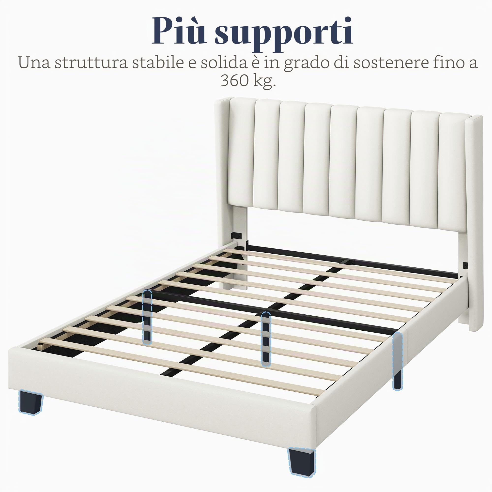 Yaheetech Struttura Letto Imbottito Matrimoniale Doghe Legno | Letto Matrimoniale 140x200 cm Beige con Testiera a Strisce Resistente Silenzioso Struttura Stabile Design Moderno Comfort