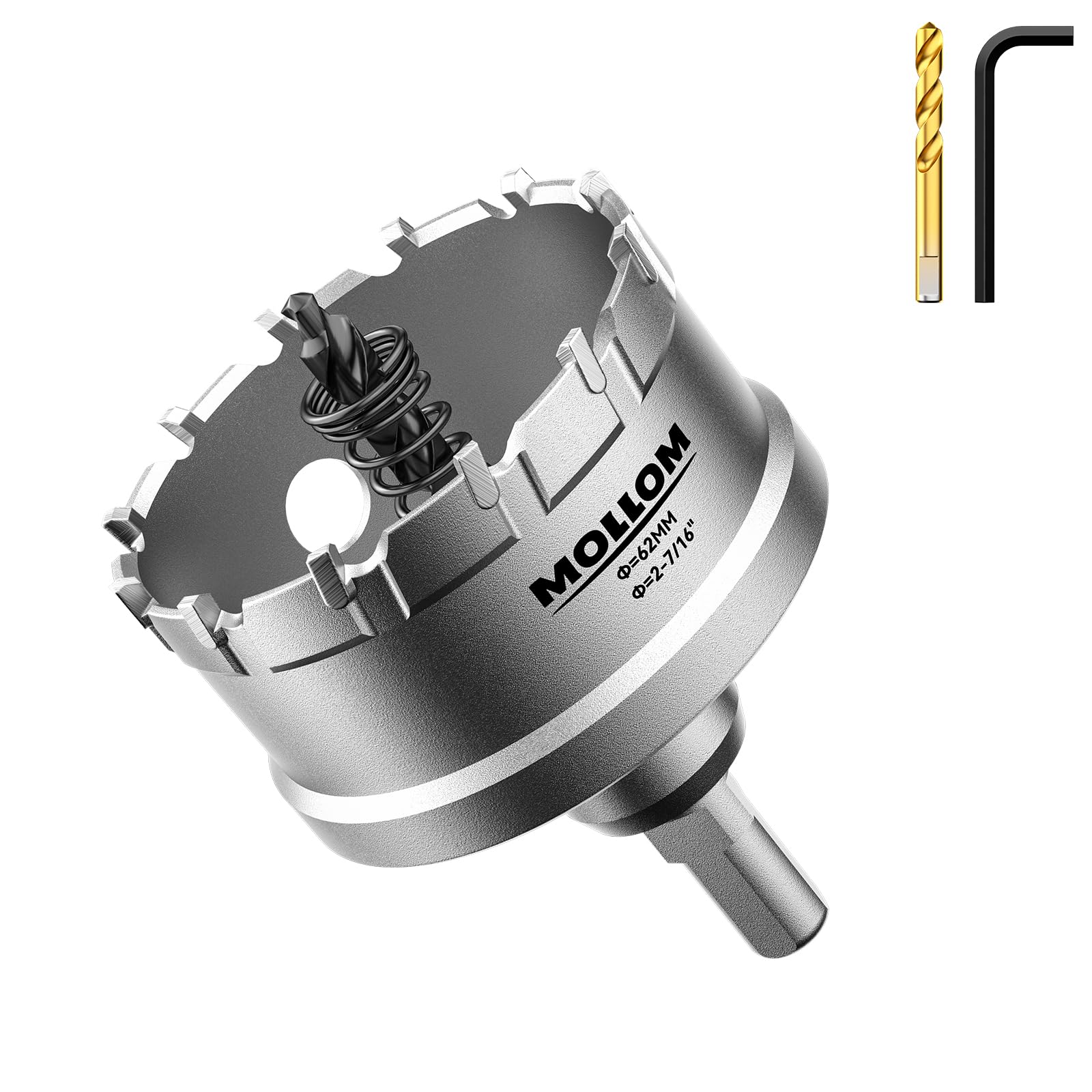 Mollom (2-7/16''|62mm) Heavy Duty Carbide Hole Saw with 2 Pilot Drill Bits, Hole Cutter cuts Stainless Steel, mild Steel, Iron, Copper, Brass, Plastic