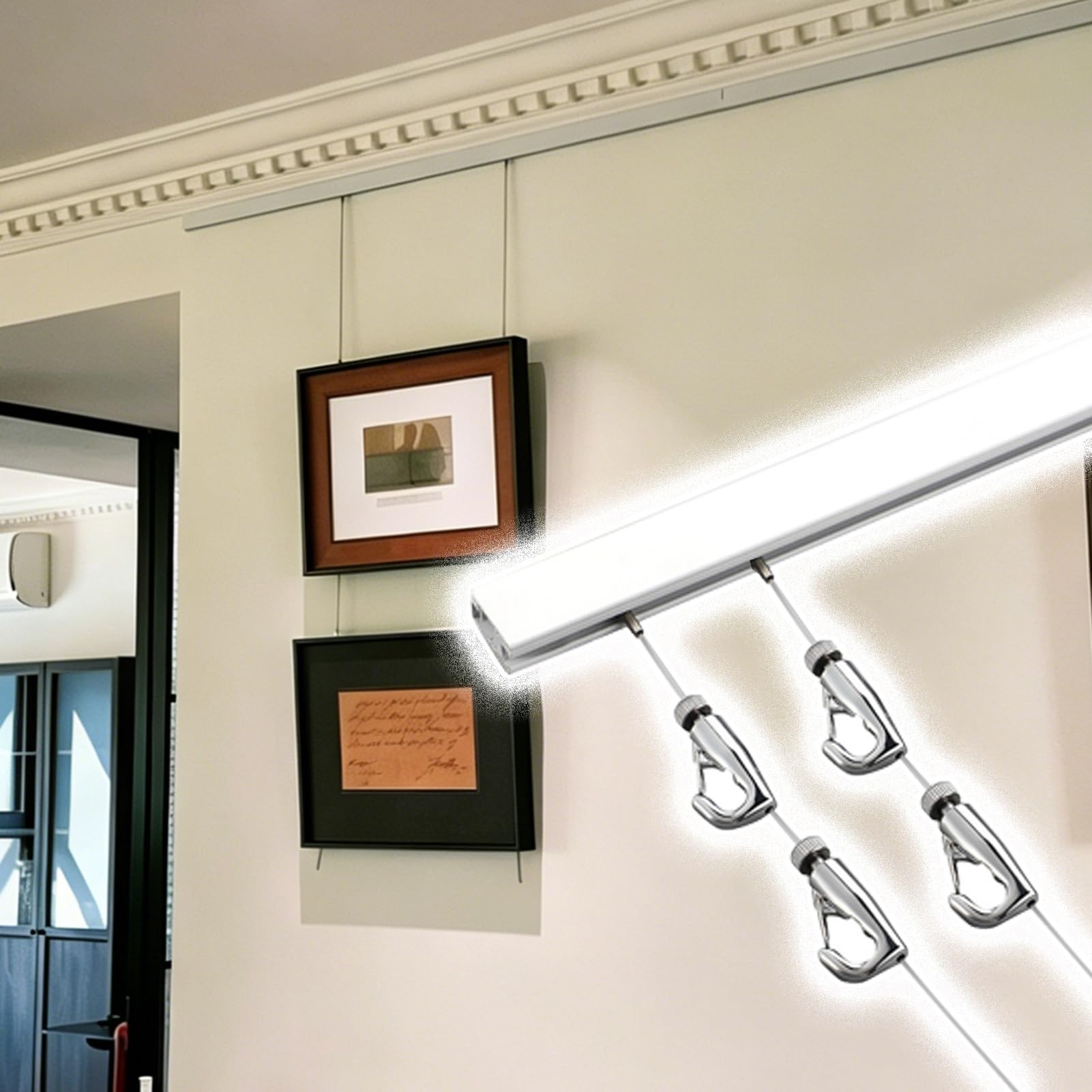Cimaise pour Tableau Rail d'accrochage pour Plusieurs Tableaux, Système de Fixation pour Cadres de Miroirs Haute Capacité, Support d'affichage Photo(6.5'/2m Cable,20"/50cm Track)