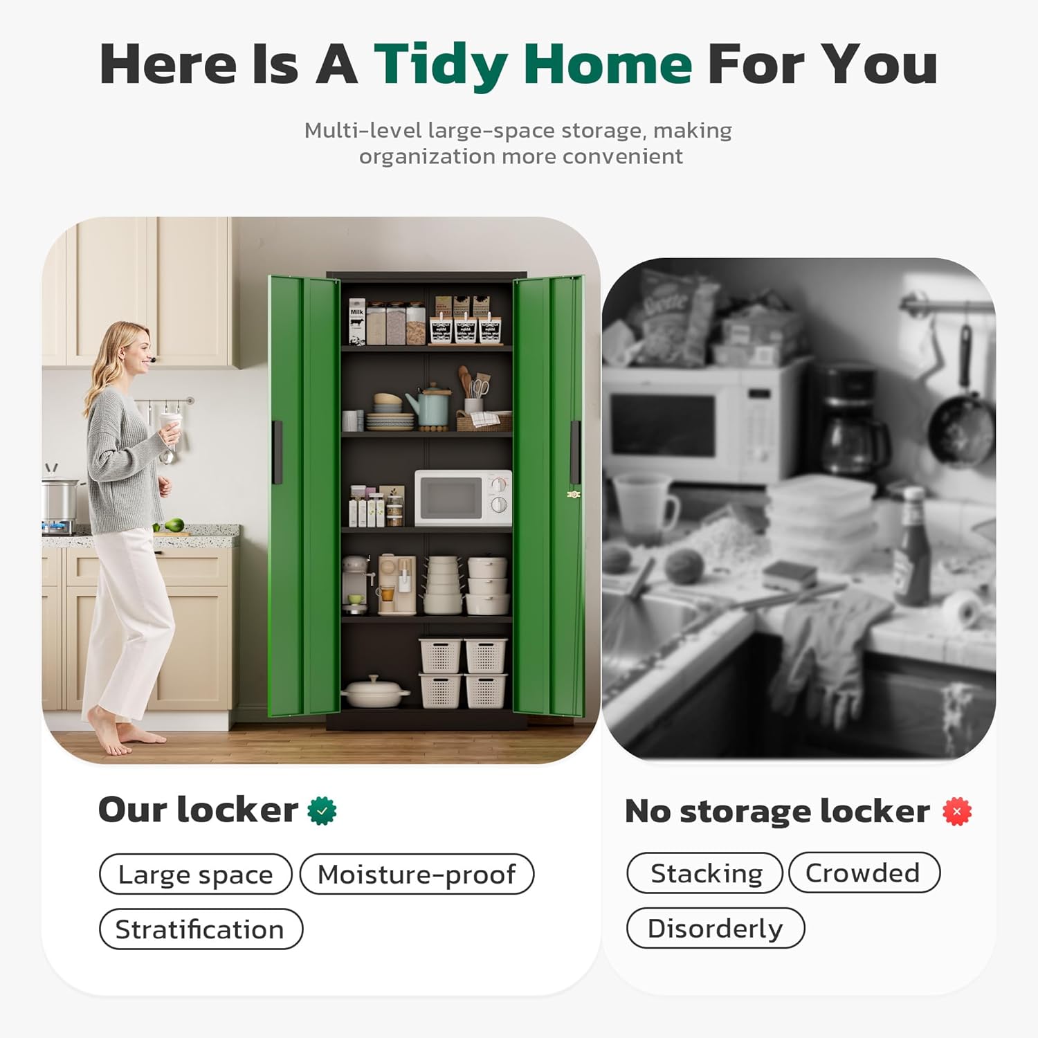Greenvelly 63" H Metal Storage Cabinet Black Green, Locking Metal Cabinet, Store Tools, Clothes, Tableware and Toiletries, Garage Cabinets with Adjustable Shelves for Office, Home, Garage, Pantry