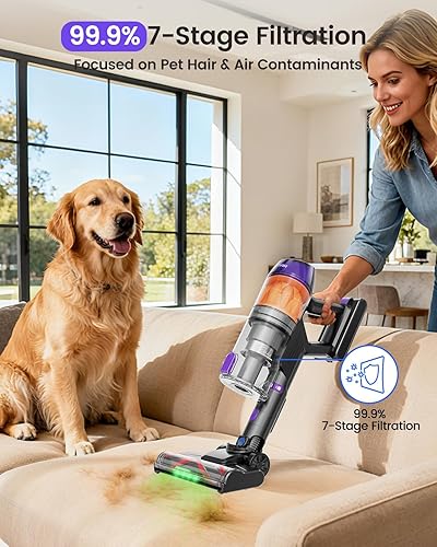 Miniatura 5 de Aspiradora inalámbrica para pelo de mascotas, 500 W, 40 Kpa, succión fuerte, 60 minutos de funcionamiento, aspiradora inalámbrica ligera con