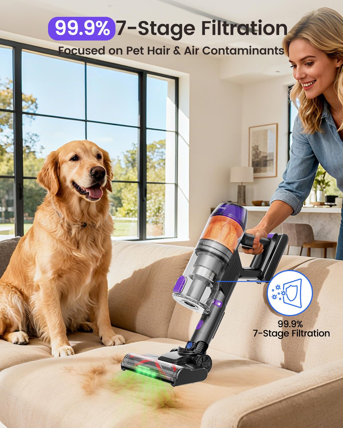 Cordless Vacuum Cleaner,500W 40KPa 60Mins Vacuum Cleaners for Home,Powerful Stick Vacuum With Green Light,Anti-tangle Wireless Vacumm, Rechargeable Vacuum for Pet Hair/Carpet/Hardwood Floor,Purple - image 7
