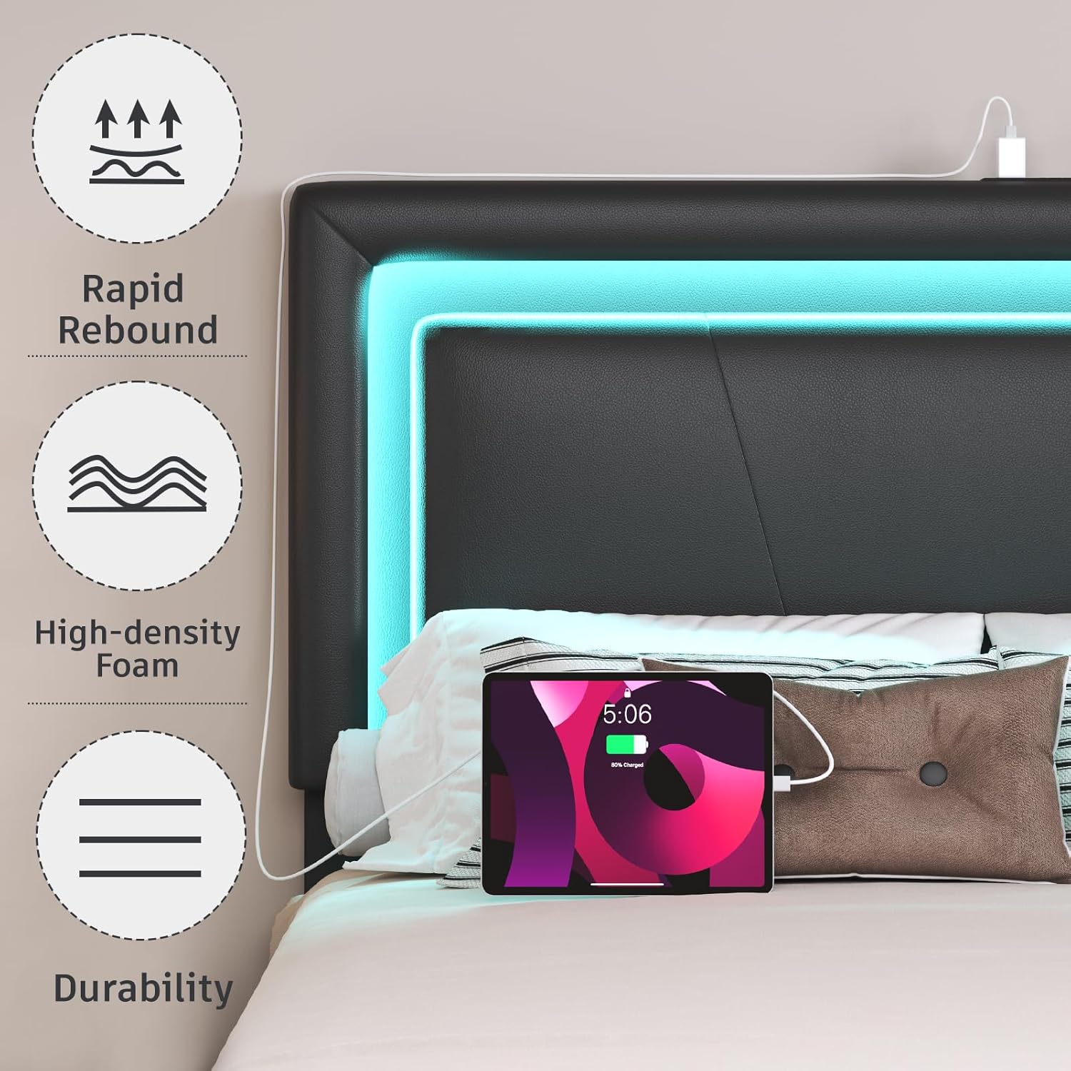 HAY.com Twin Bed Frame with 4 Storage Drawers & LED Lights, Leather Upholstered Platform Bed with Adjustable Headboard, Charging Station, Metal Slats Support, No Box Spring Needed, Black