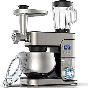 6-IN-1 Stand Mixer, LCD Display Kitchen Electric Mixer, 6.5QT Stainless Steel Bowl, Multi-Function Kitchen Blender With Dough Hook, Whisk, Beater, Meat Grinder, Splash Guard