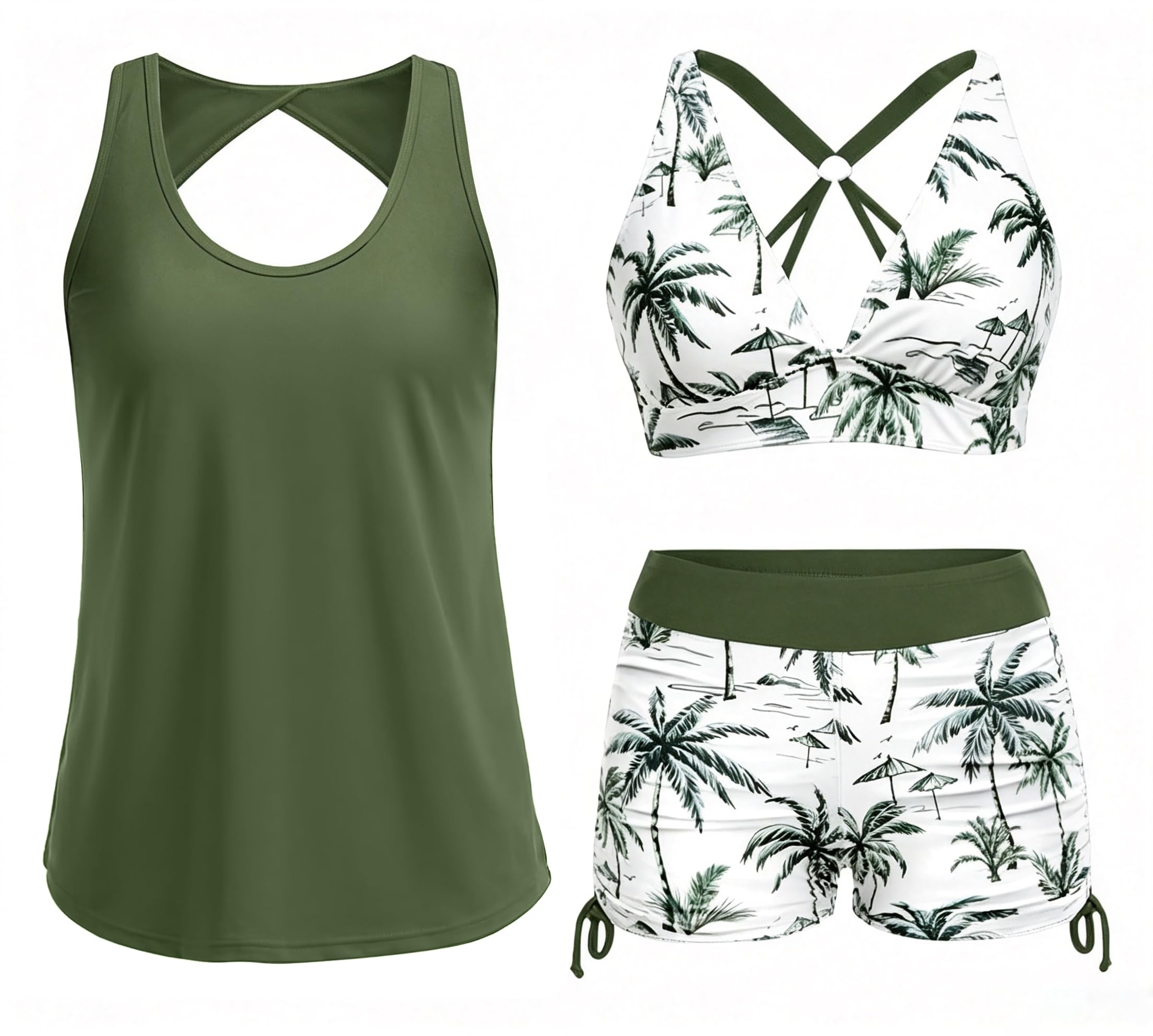 Yonique 3 Piece Tankini Swimsuits for Women Swim Tank Top Bathing Suits with Boy Shorts and Bra Athletic Swimwear