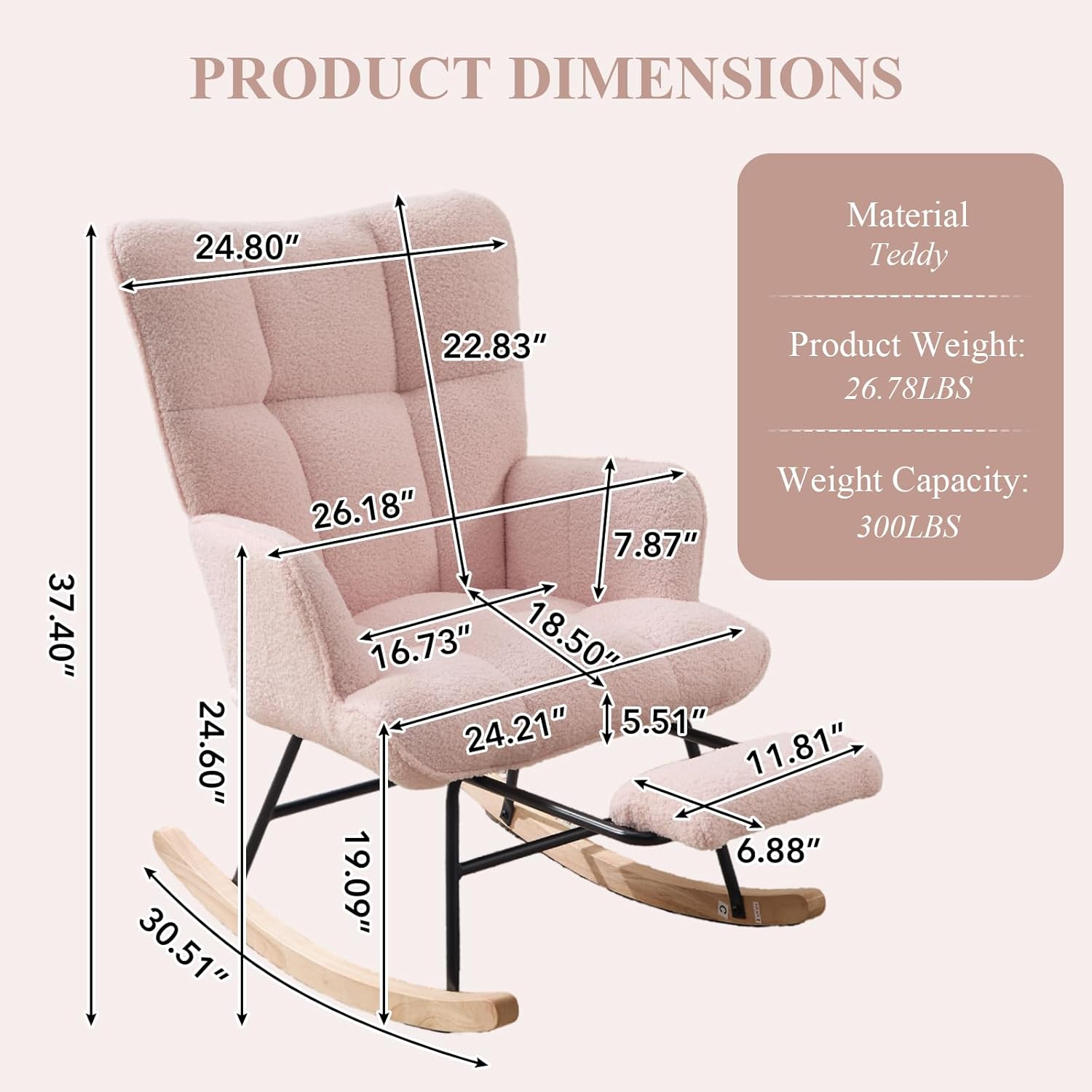NIOIIKIT Nursery Rocking Chair, Teddy Upholstered Rocker Chair with Footrest, Glider Chair with Side Pocket, Comfy Rocker Recliner with High Backrest, Rocking Accent Chair for Living Room (Pink)