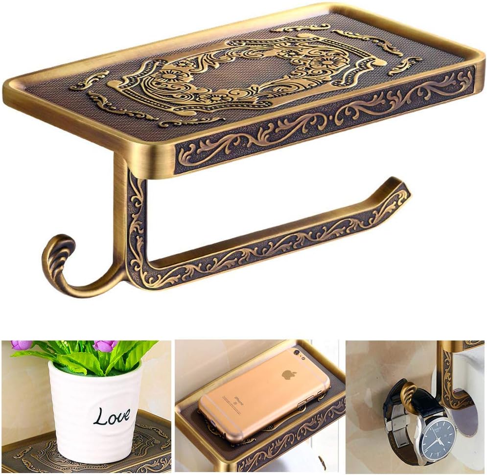 Bronze Toilet Paper Holder, Antique Brass Toilet Paper Towel Holder, Premium Wall Mounted Bathroom Paper Holde with Shelf and Hook
