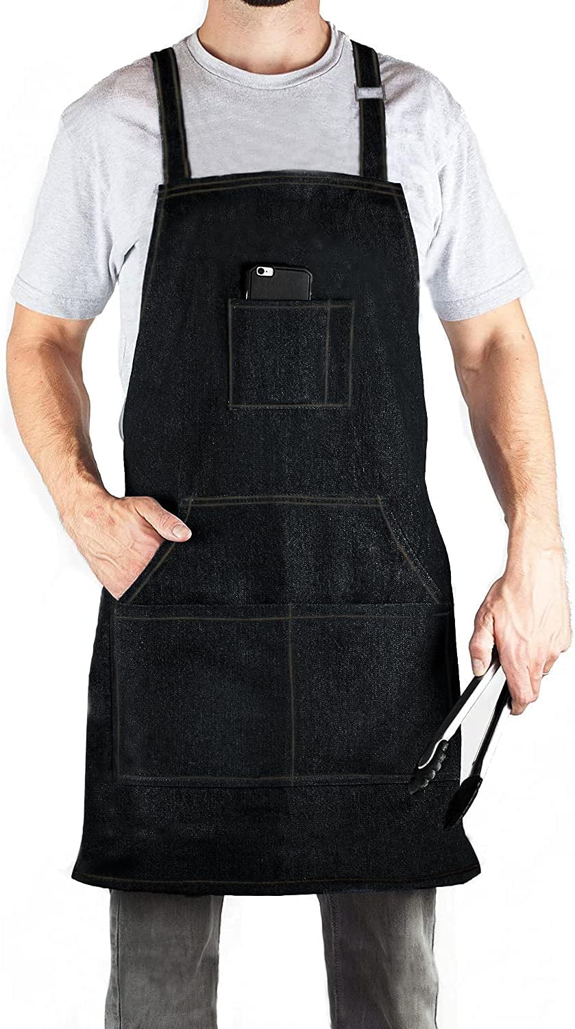DadidycDurable Denim Jean Tool Apron with 4 Pockets Waterproof Adjustable Canvas Lightweight Work Apron Black