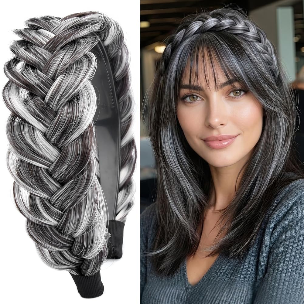 DIGUAN Wide Messy Braided Headband With Teeth Synthetic Hair Plaited Headband High Elasticity Braids Chunky Fishtail Braided Hair Band Hairpiece for