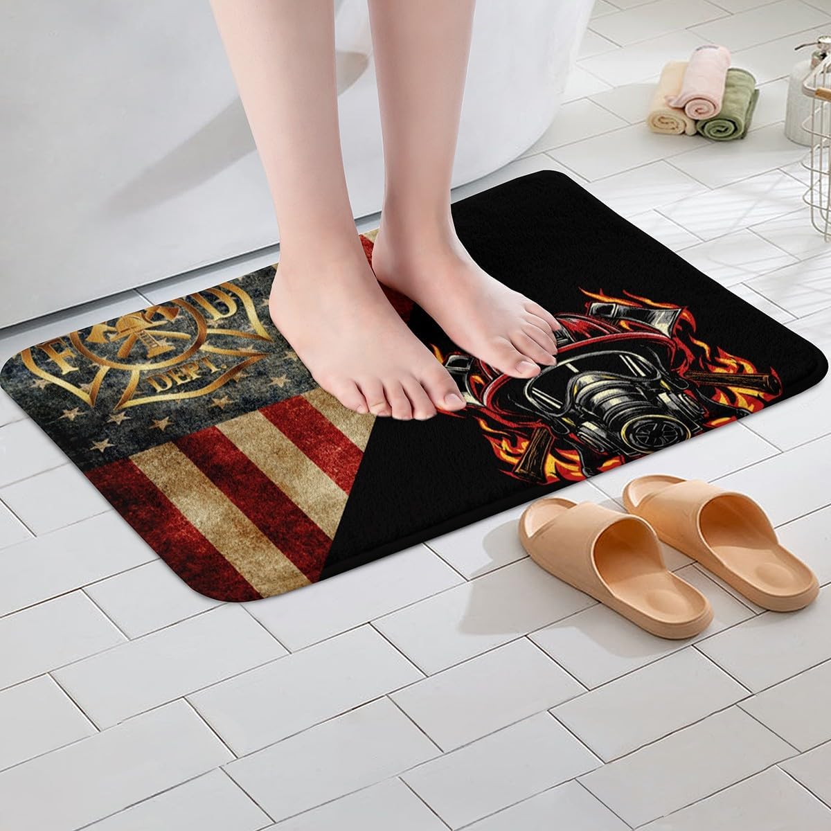 Fire Fighting Kids Bath Mats,American Flag Retro Patchwork Mats Rugs,Boys Girls Adults Room Decor,Fire Fighting Truck Tool Bath Carpets,Red Black Chic Bath Rugs,Absorbent Floor Mats,16Wx24L Inches image 5