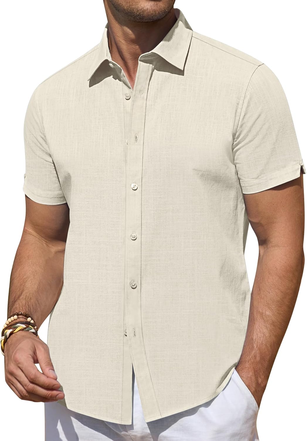 DEMEANOR Linen Shirts for Men Short Sleeve Button Down Shirts Summer Beach Casual Linen Button Up Shirt Vacation Wedding