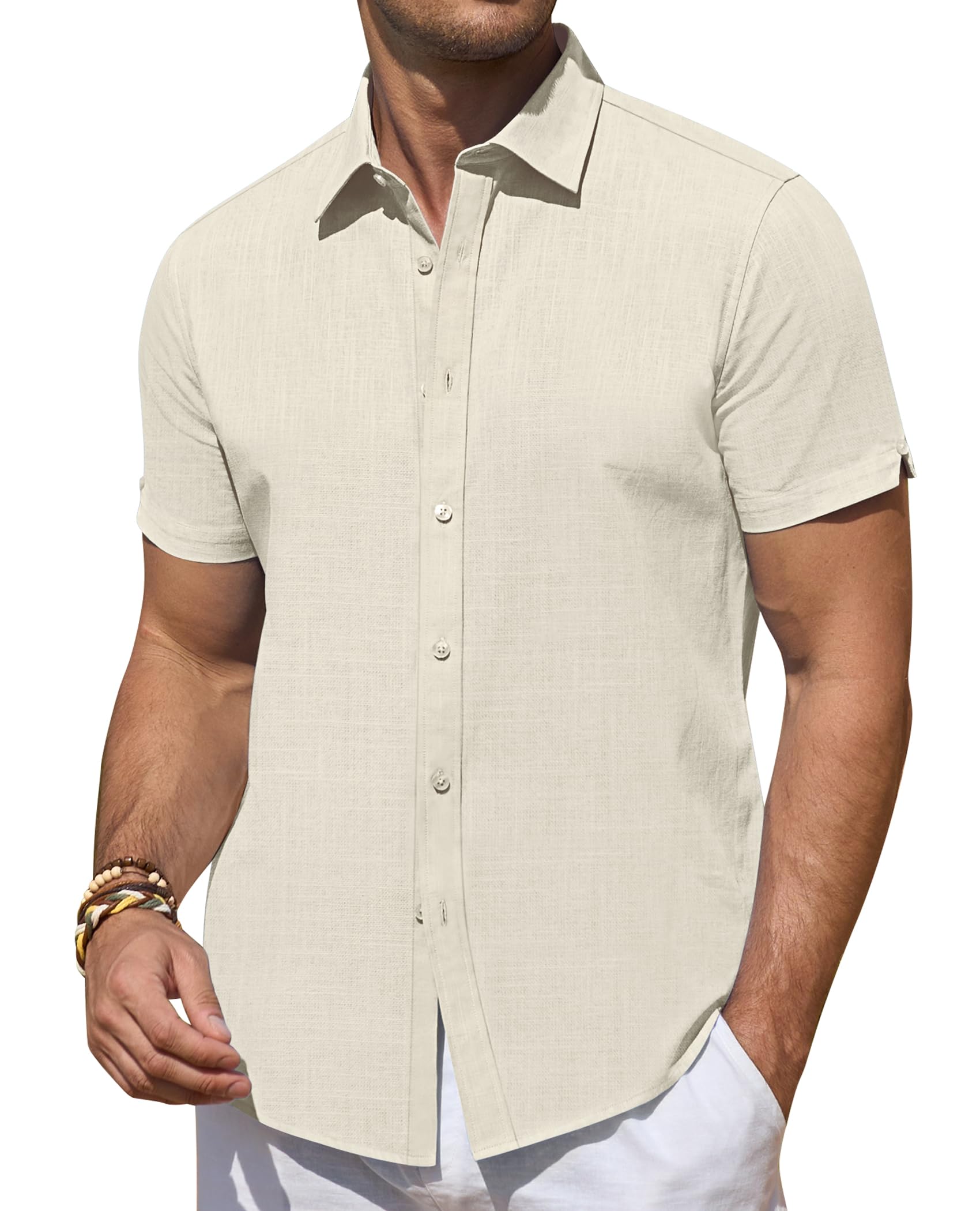 DEMEANOR Linen Shirts for Men Short Sleeve Button Down Shirts Summer Beach Casual Linen Button Up Shirt Vacation Wedding