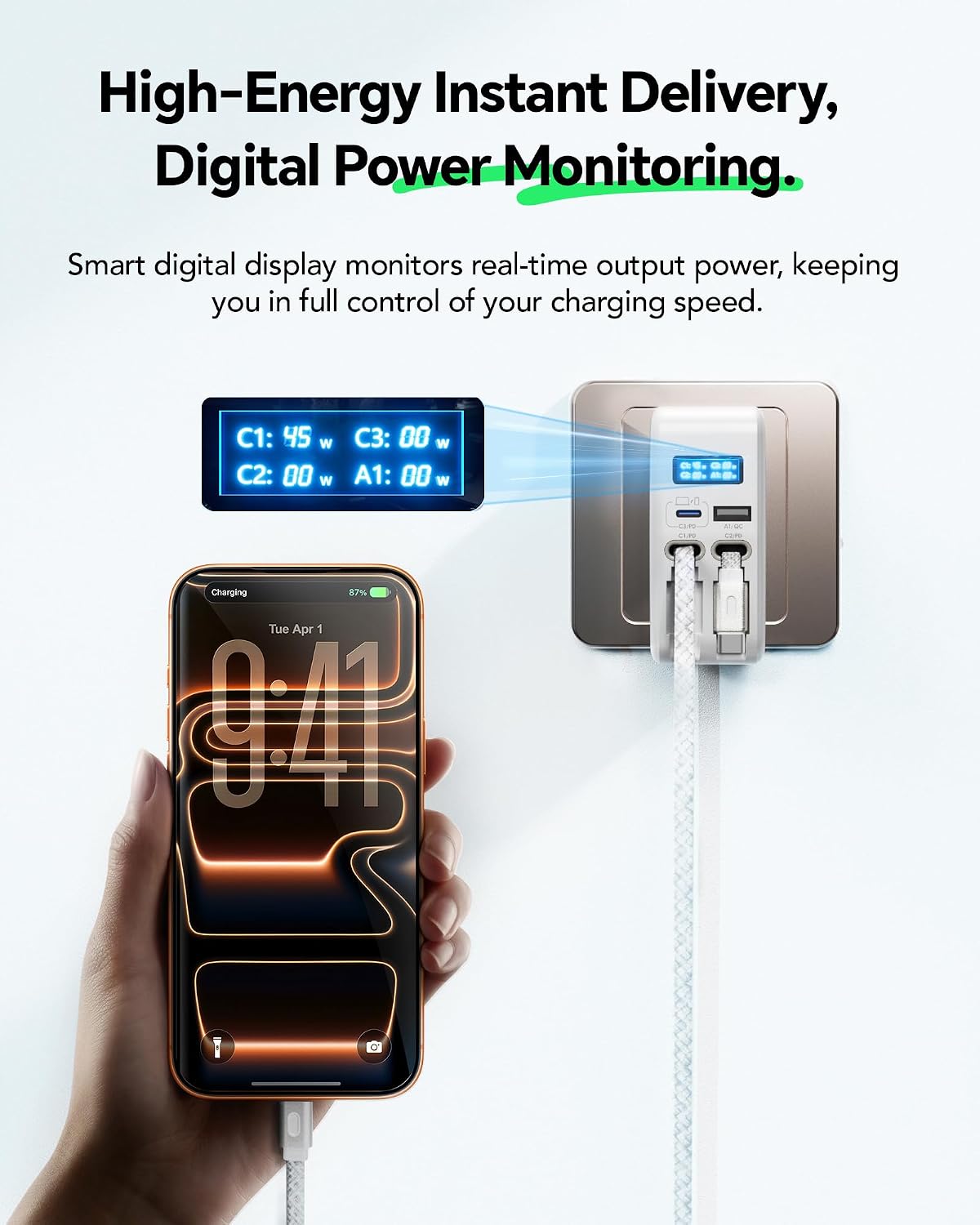 HATALKIN 67W Retractable USB-C Wall Charger, 4-in-1 with Dual USB-C Cables | Smart Display,Fast Charging, Foldable, Retractable Charger, Extra USB-C & A for MacBook/iPhone/Samsung, Overheat Protection