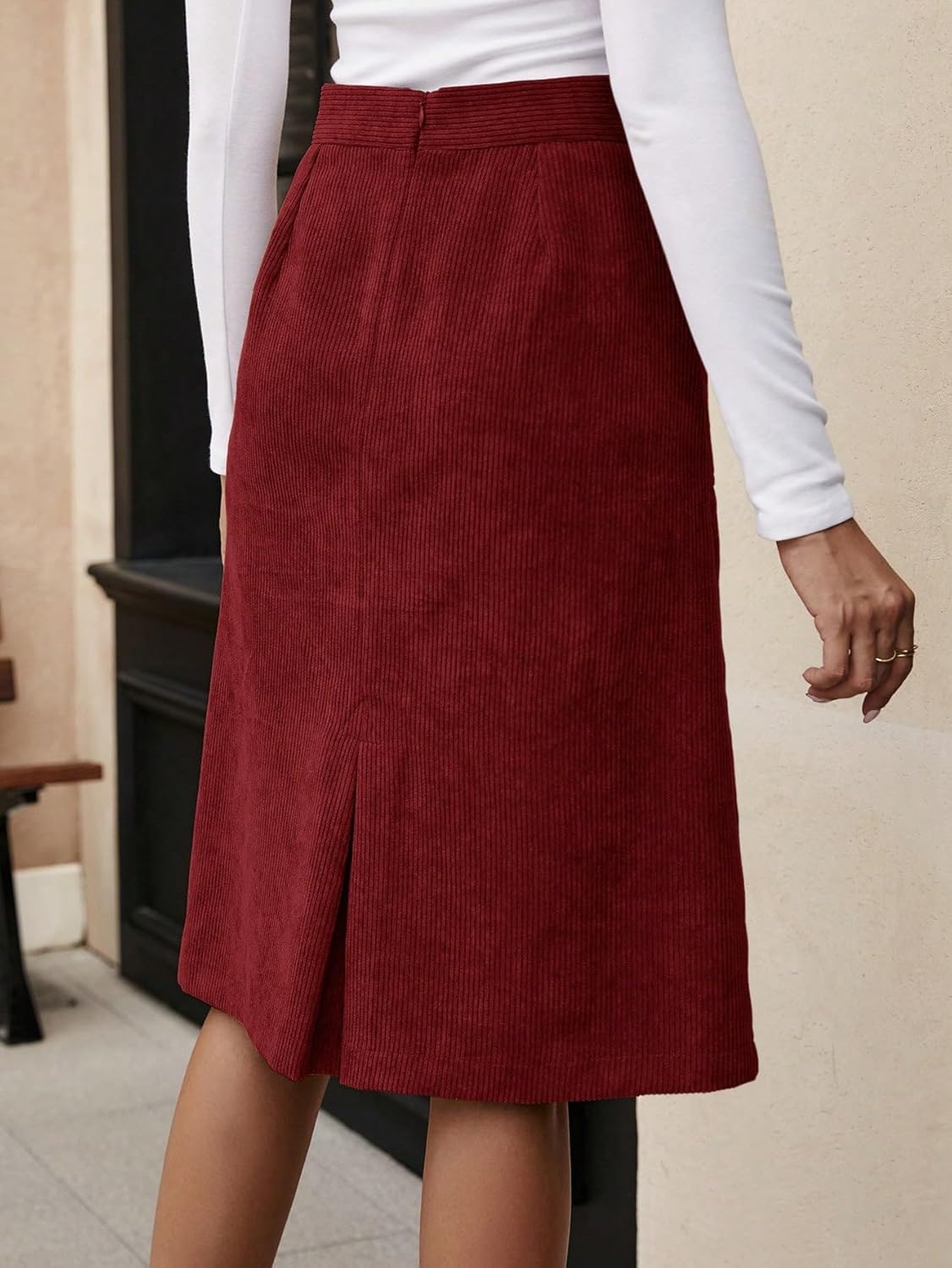 SweatyRocks Women's High Waist Straight Midi Skirt Split Hem Corduroy Skirts with Pockets - Image 2