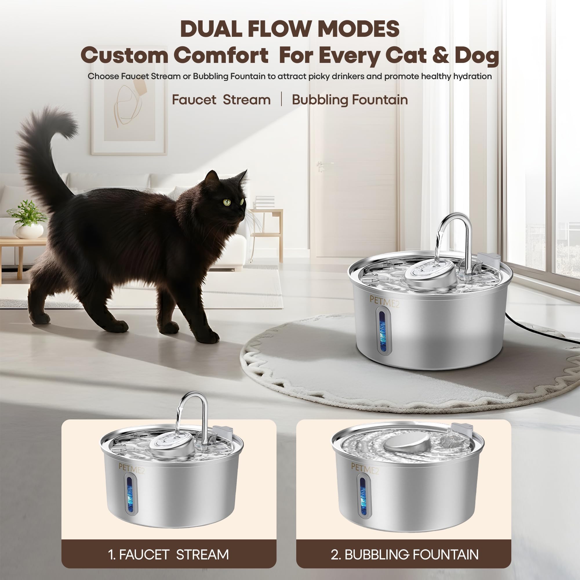 Luxury Smart Pet Fountain 2026 – 3.2L/108oz Stainless Steel Automatic Cat & Dog Water Fountain, Indoor Pet Water Dispenser with LED Light, Quiet Pump, Dual Flow Modes, 4-Layer Filter, Dishwasher Safe - image 2