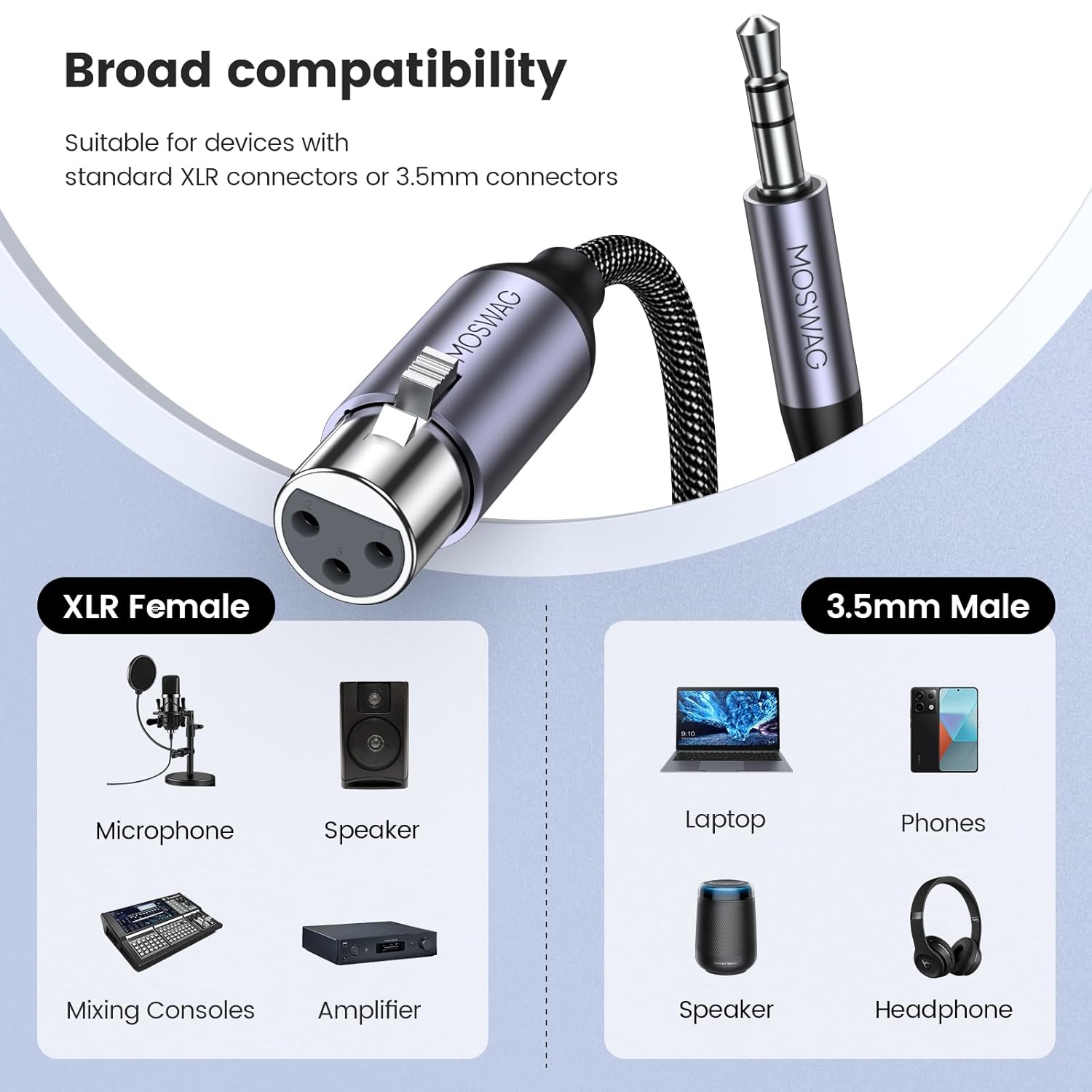 MOSWAG XLR to 3.5mm Cable 6FT, Balanced Female XLR to 1/8 inch Microphone Cable, 3.5mm to 3 Pin Microphone Female Interconnect Adapter Compatible with Computer, Speakers, Microphone, Sound Card etc