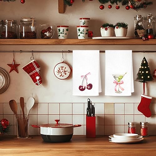 Miniatura 2 de Juego de 2 toallas de cocina de cerezo con lazo rosa, lindas toallas de mano de cóctel de Martini sucio, toallas de cocina rosas para fiesta de té