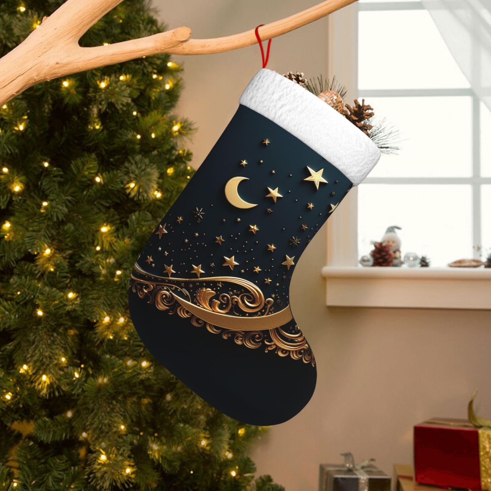 Velvet Christmas Stockings 17.7 Inch, Golden Background and Crescent Moon Xmas Stocking with Soft Cuff,Classic Personalized Christmas Tree Decoration for Family Holiday New Year Party Supplies