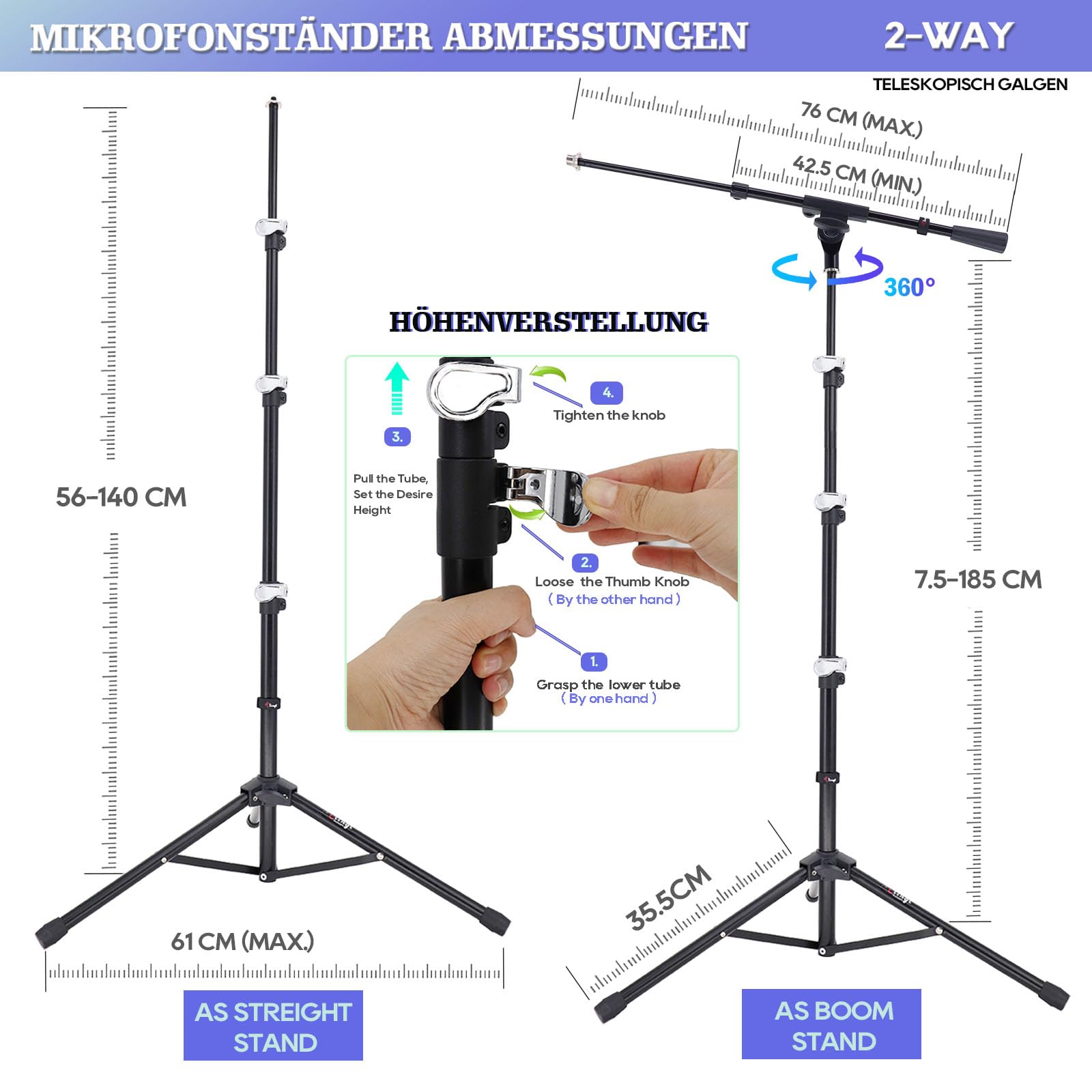 Mikrofonständer, Mikrofonstativ Tragbarer Mic Stand Mit Galgen, Easygo Mikrofonstativ mit Teleskoparm, Wasserdichte Deluxe-Schutztasche von Tlingt Support