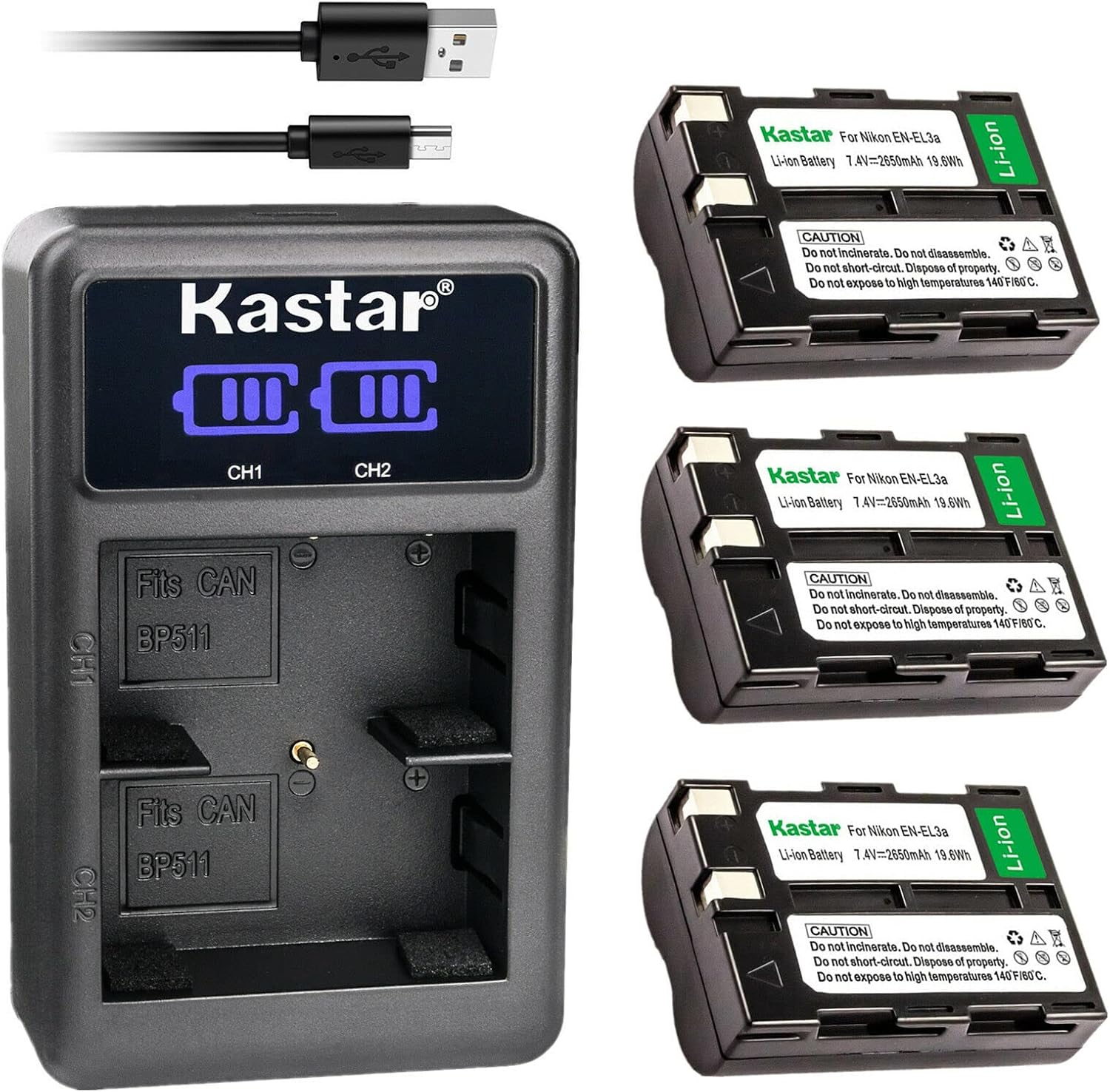 Kastar 2-Pack EN-EL3A Battery and LED2 USB Charger Compatible with Nikon EN-EL3, EN-EL3a Battery, Nikon MH-18, MH-18a, MH-19 Charger, Nikon D50, D70, D70s, D100, D100 SLR Cameras