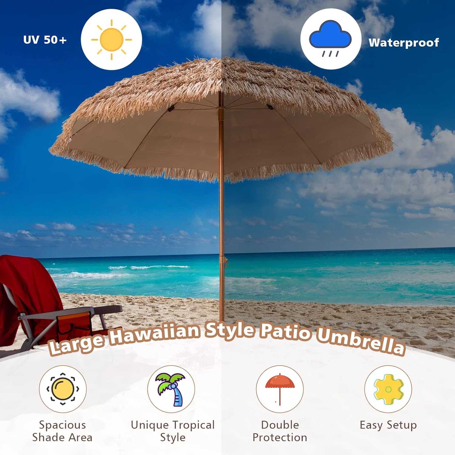 TANGZON 1.8M/1.9M/2M/2.05M Hawaiian Umbrella, Thatched Folding Tilting Sunshade, Outdoor Portable Easy Set-up 8-Rib Tropical Tiki Hut Parasol for Beach Garden Patio