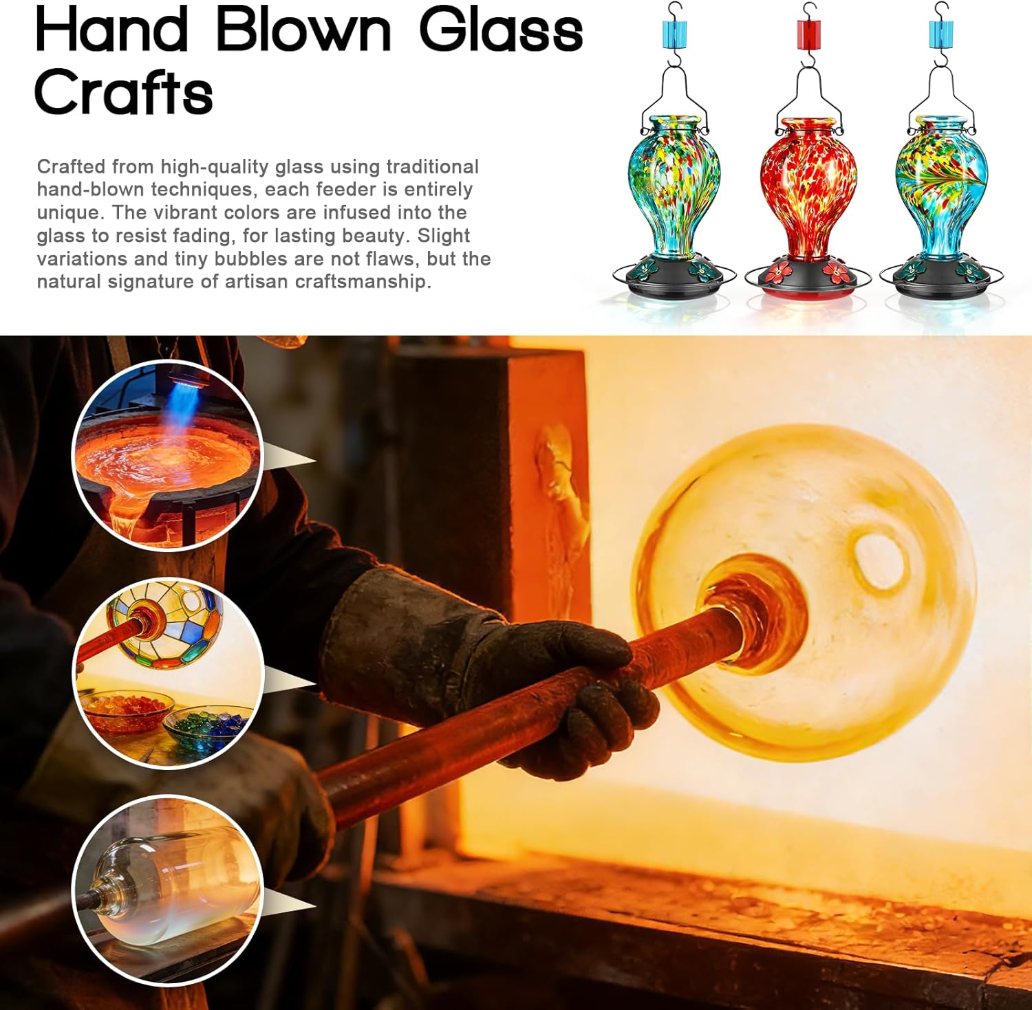 Hand Blown Glass Hummingbird Feeders for Outdoors Hanging, 24oz Wild Bird Nectar Feeder with Ant Moat and Perch, Bee-Resistant Ports, Garden Decor, Gifts for Women Mom, 1 Pack, Blue Phoenix