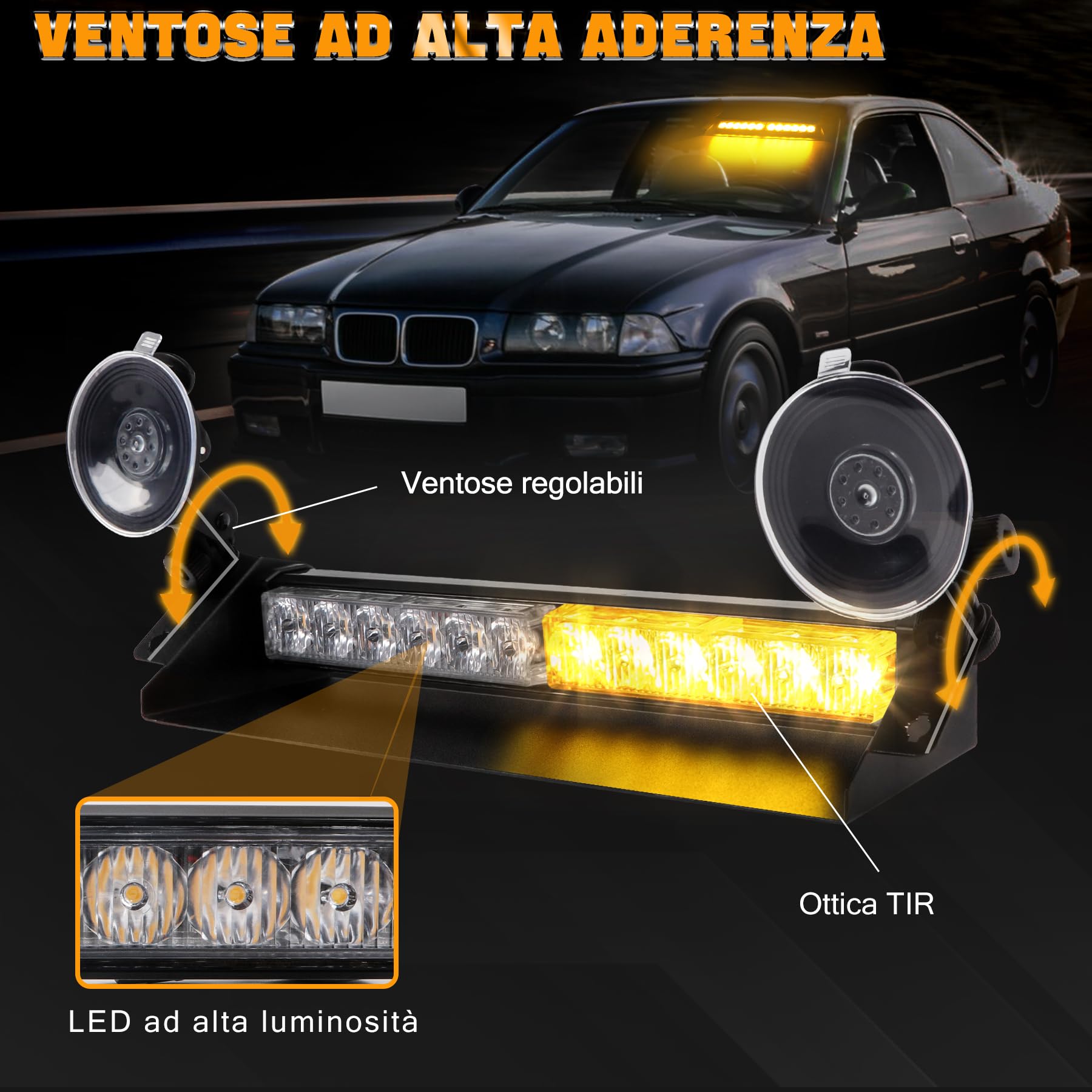 Barra LED Stroboscopica 14 Pollici 12 LED Ambra 12V/24V IP66 9 Modalità Luce Emergenza con Ventose Parabrezza Lampada Lampeggiante per Auto Camion Furgoni Veicoli Lavoro