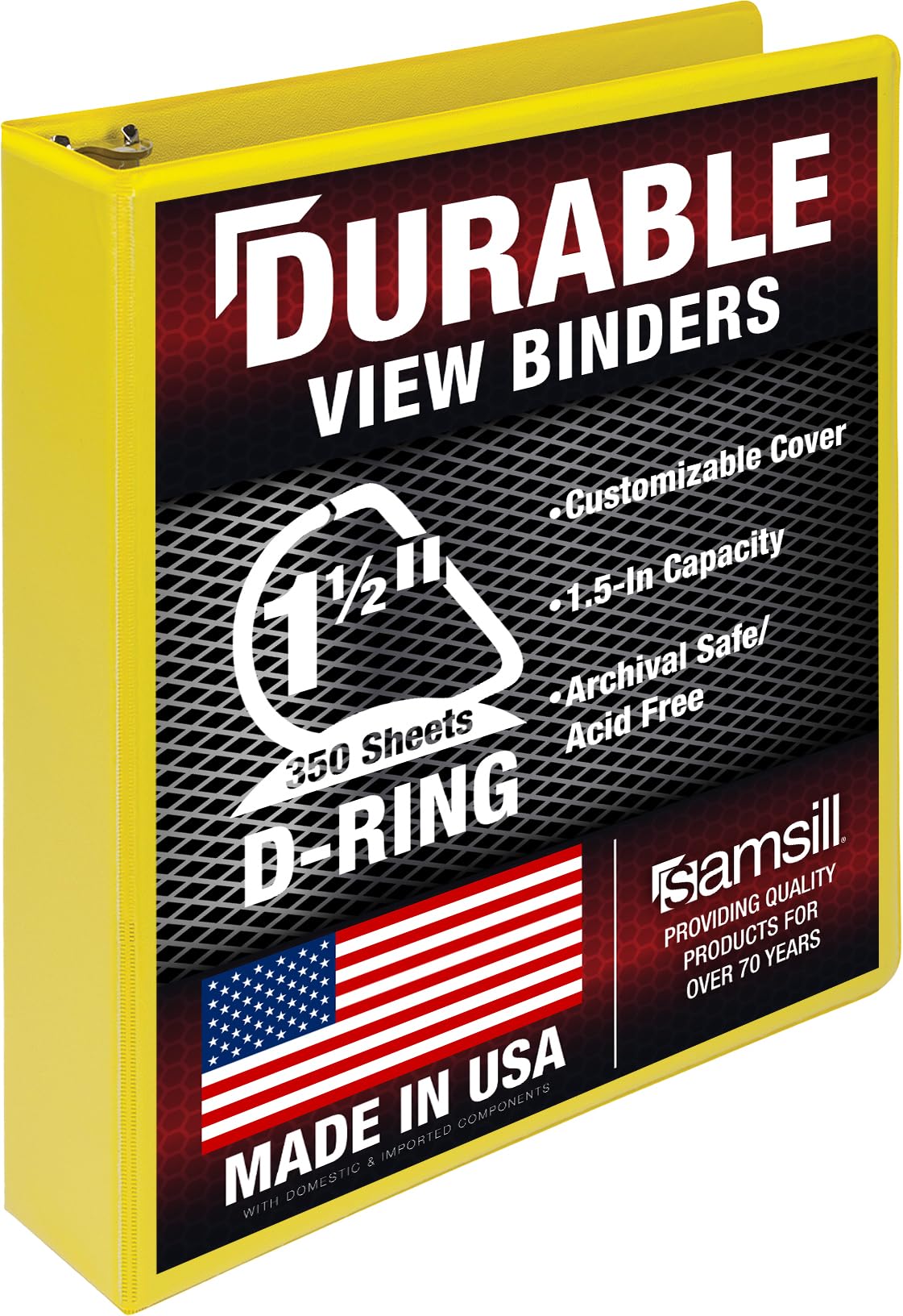 Samsill Durable 1.5 Inch Binder, D Ring Binder, Customizable Clear View Cover, Lemon Yellow, Holds 350 Pages