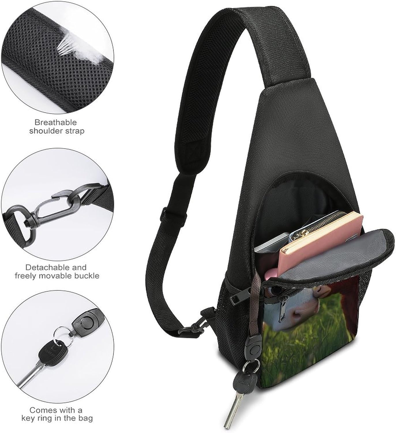 Cows Calfs on The Grass Crossbody Sling Backpack Chest Bag Daypack | unisex,trendy,with convertible and detachable shoulder strap,side pockets