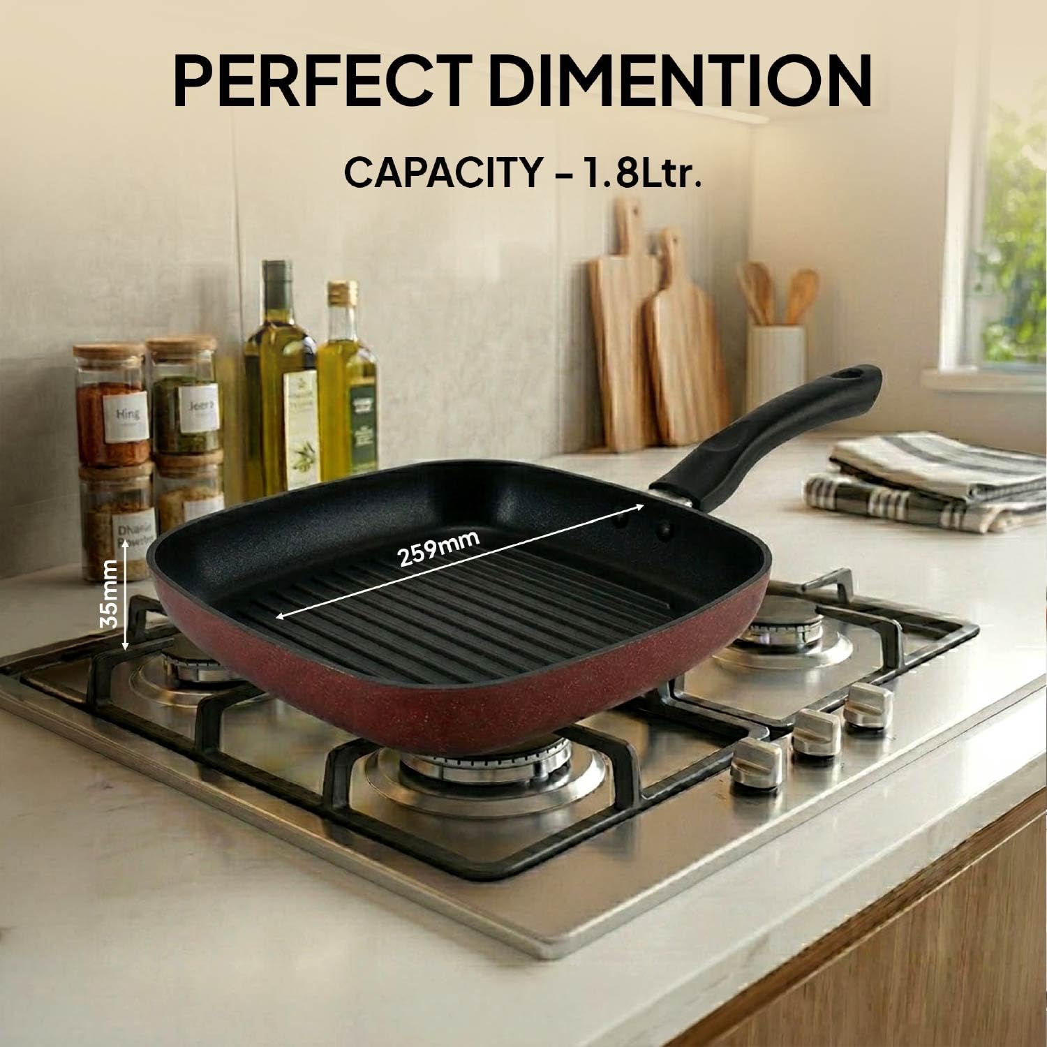 CELLO Aluminium Non-Stick Base Grill Pan with Cool Touch Handle, Black | Scratch Resistant, PFOA Free Low-Oil Use, Gas Stove Compatible | For Sandwich Indoor/Outdoor Sizzling Grilling Frying Cooking 3