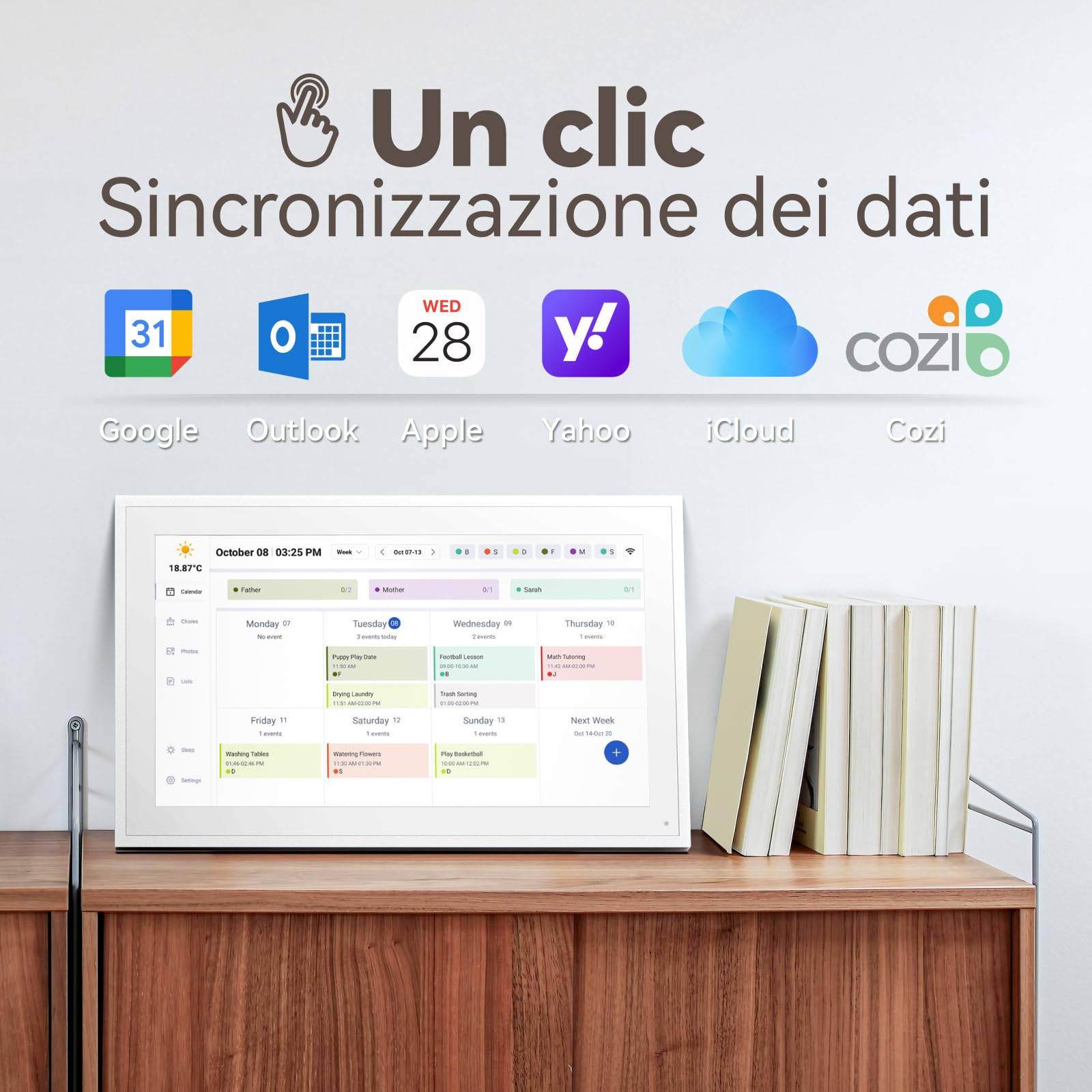 Calendario Digitale, 39,6 cm Elettronico Calendario da Parete, Cornice per Foto/Video Player, Pianificatore Intelligente per Famiglia/Ufficio/Scuola/Eventi, Pianificatore Digitale con Supporto