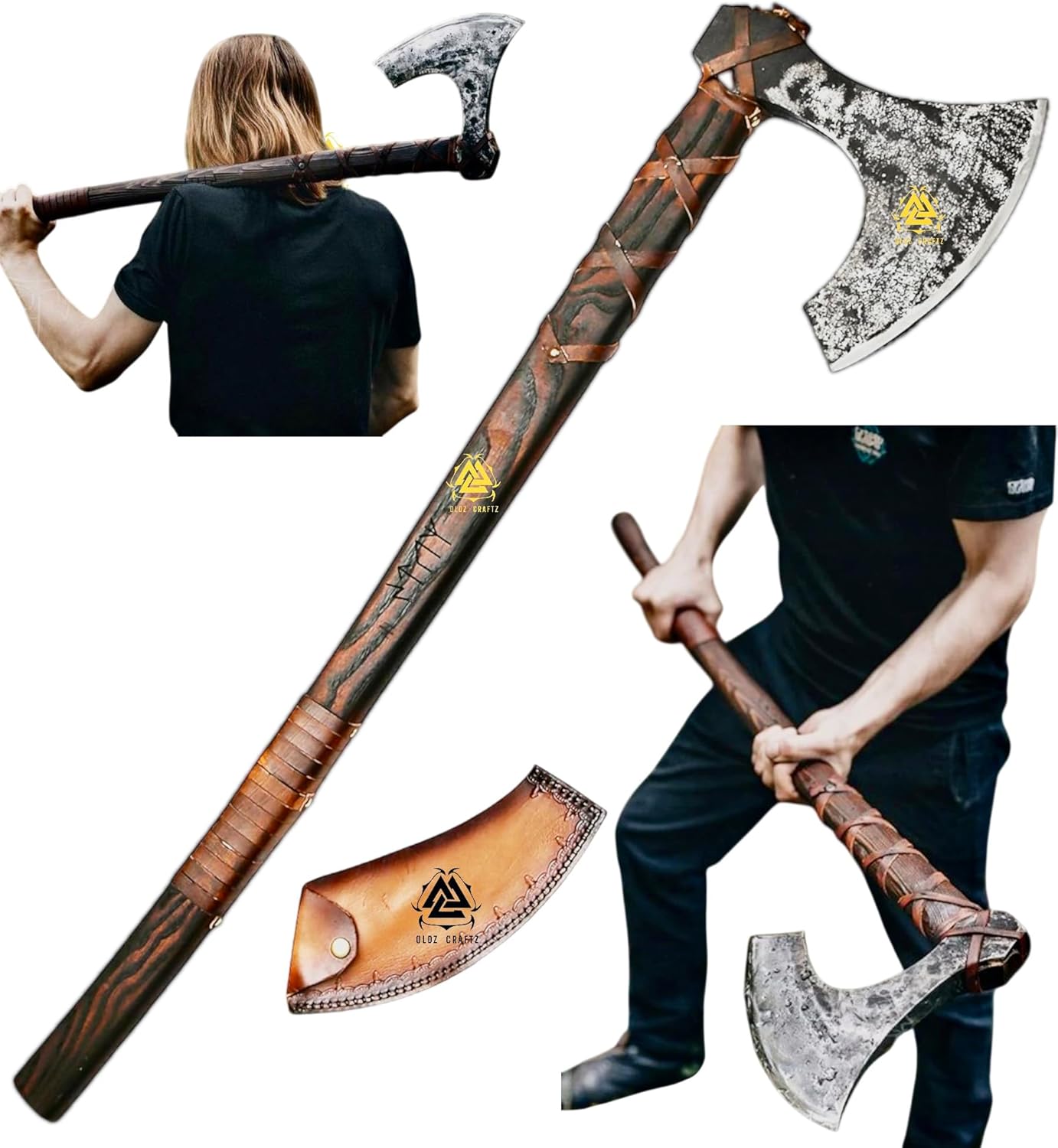 -Two Handed Large Berserker Axe, Large Norse Axes,Scandinavian Style Viking Axe Double Headed ax, Real Battle ax, Wood Handle self Defense Weapons War Hatchet(Large NorseAxe)
